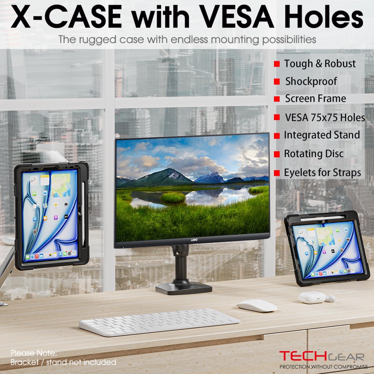 [X-Case] Shockproof Case with VESA 75x75mm Holes, 360 Rotating Stand Mount for Apple iPad Air 11" 7th & 6th, Air 10.9" 4th & 5th, iPad Pro 11" (2018-2022)