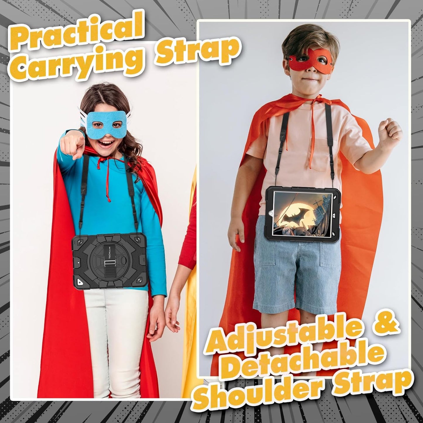 [SUPE Case] Tough Shockproof Fun Case with 360 Rotating Stand, Hand & Shoulder Strap for Apple iPad 10.2" 2021- 2019 [9th - 7th Gen] & iPad Air 3