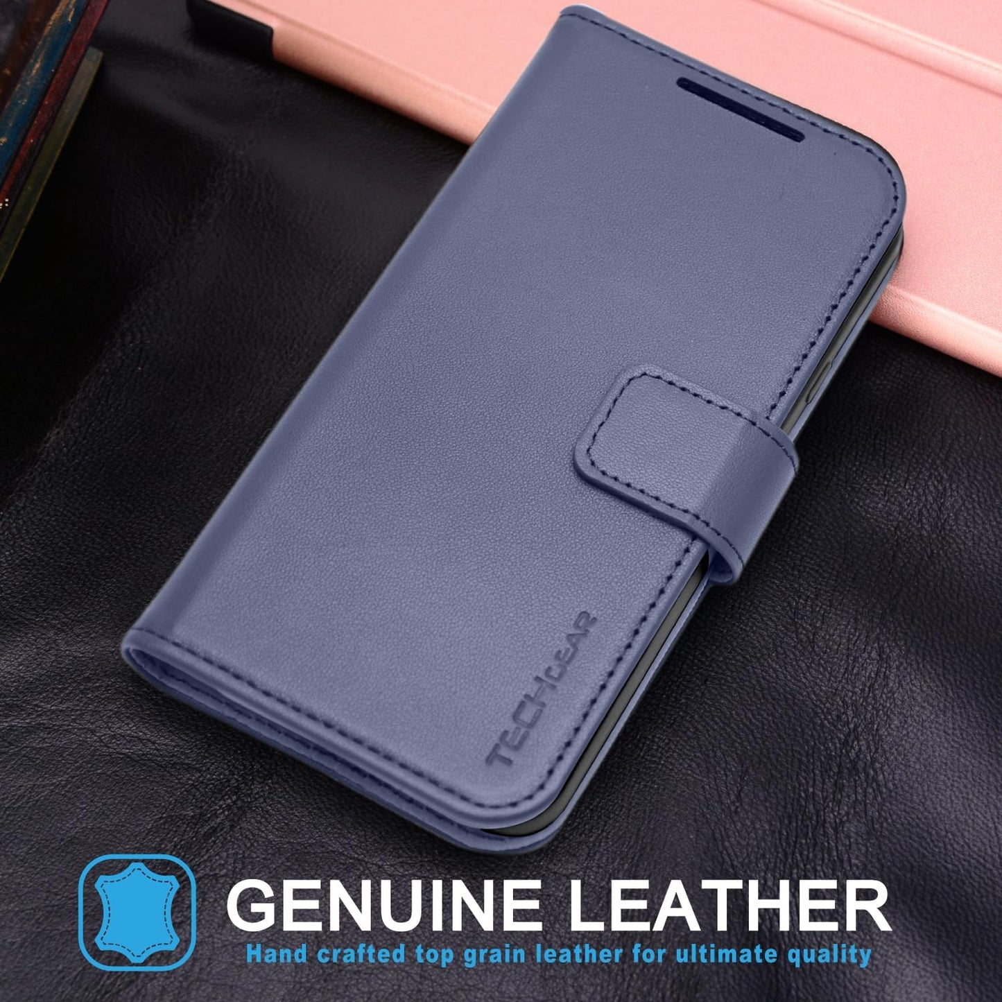 [Leather Wallet Case] Genuine Leather [RFID Blocking] Magnetic Flip Case with Card & Slots and Stand For iPhone 15 6.1"