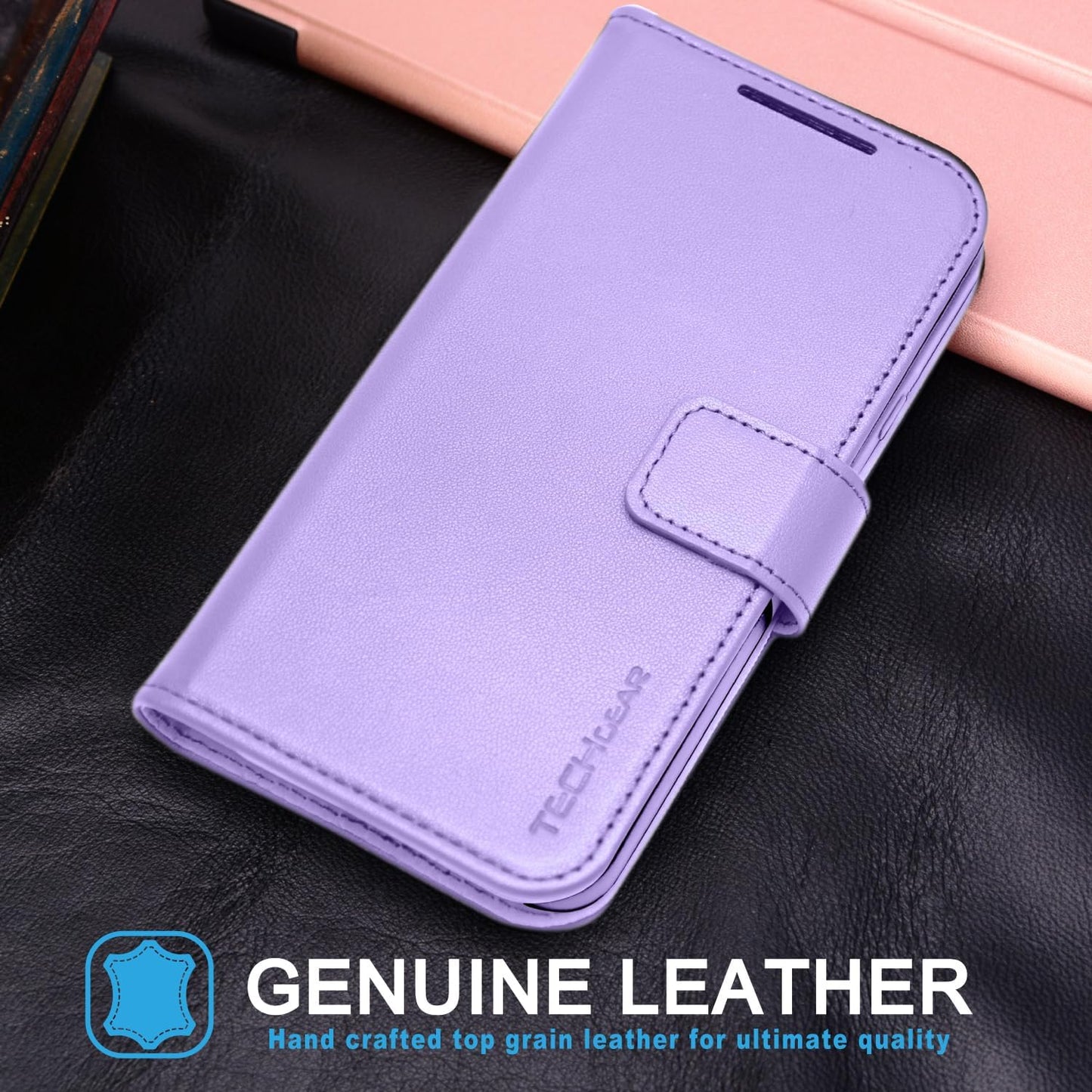 [Leather Wallet Case] Genuine Leather [RFID Blocking] Magnetic Flip Case with Card & Slots and Stand For iPhone 15 6.1"