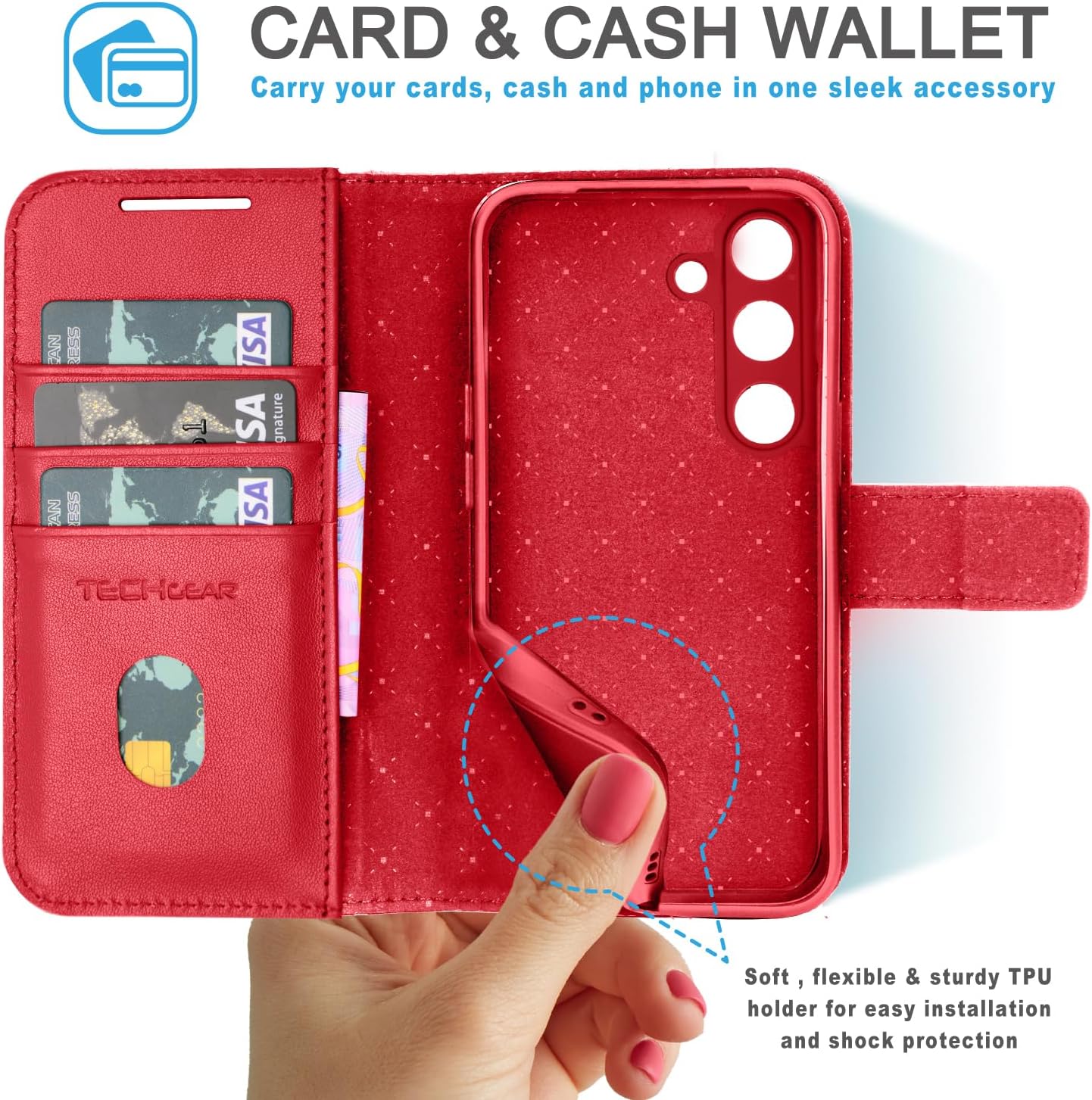 [Leather Wallet Case] Genuine Leather [RFID Blocking] Magnetic Flip Case with Card & Slots and Stand For Samsung Galaxy S24 5G