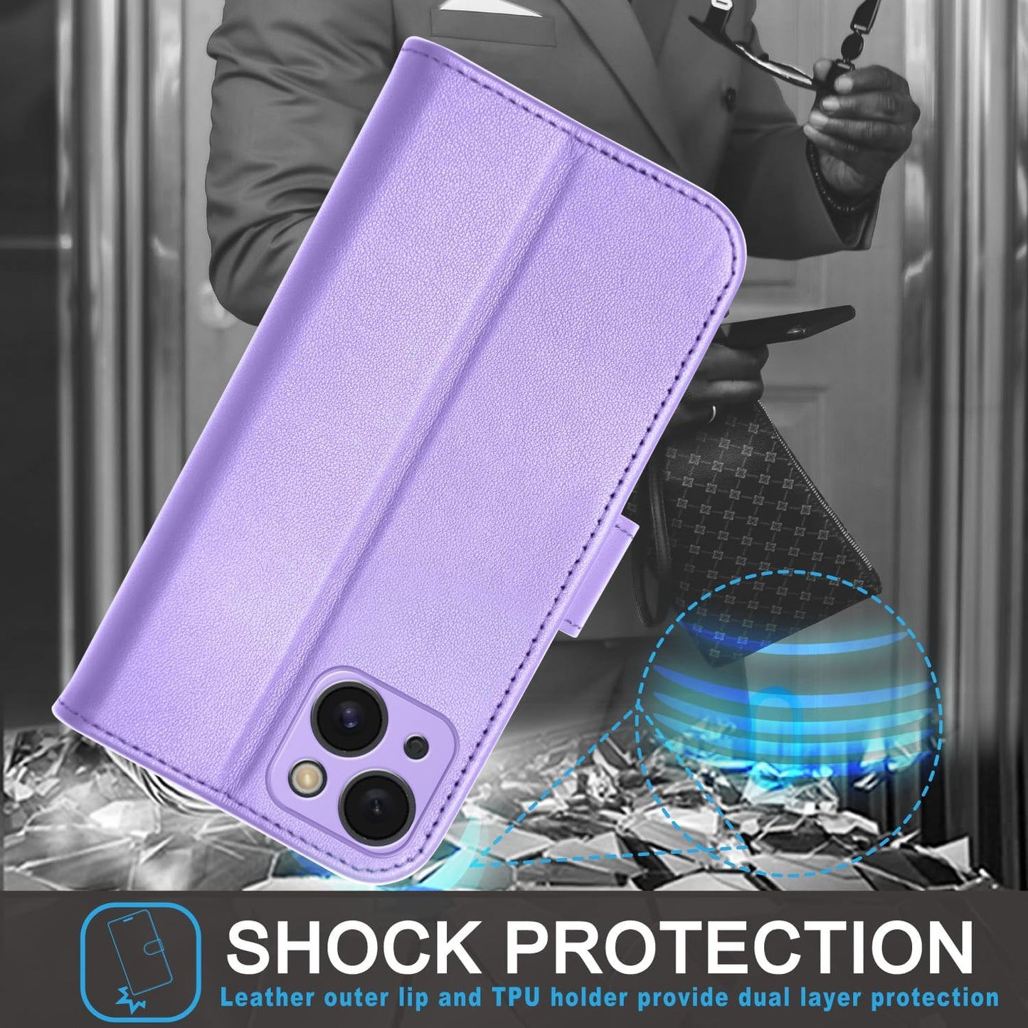 [Leather Wallet Case] Genuine Leather [RFID Blocking] Magnetic Flip Case with Card & Slots and Stand For iPhone 15 6.1"