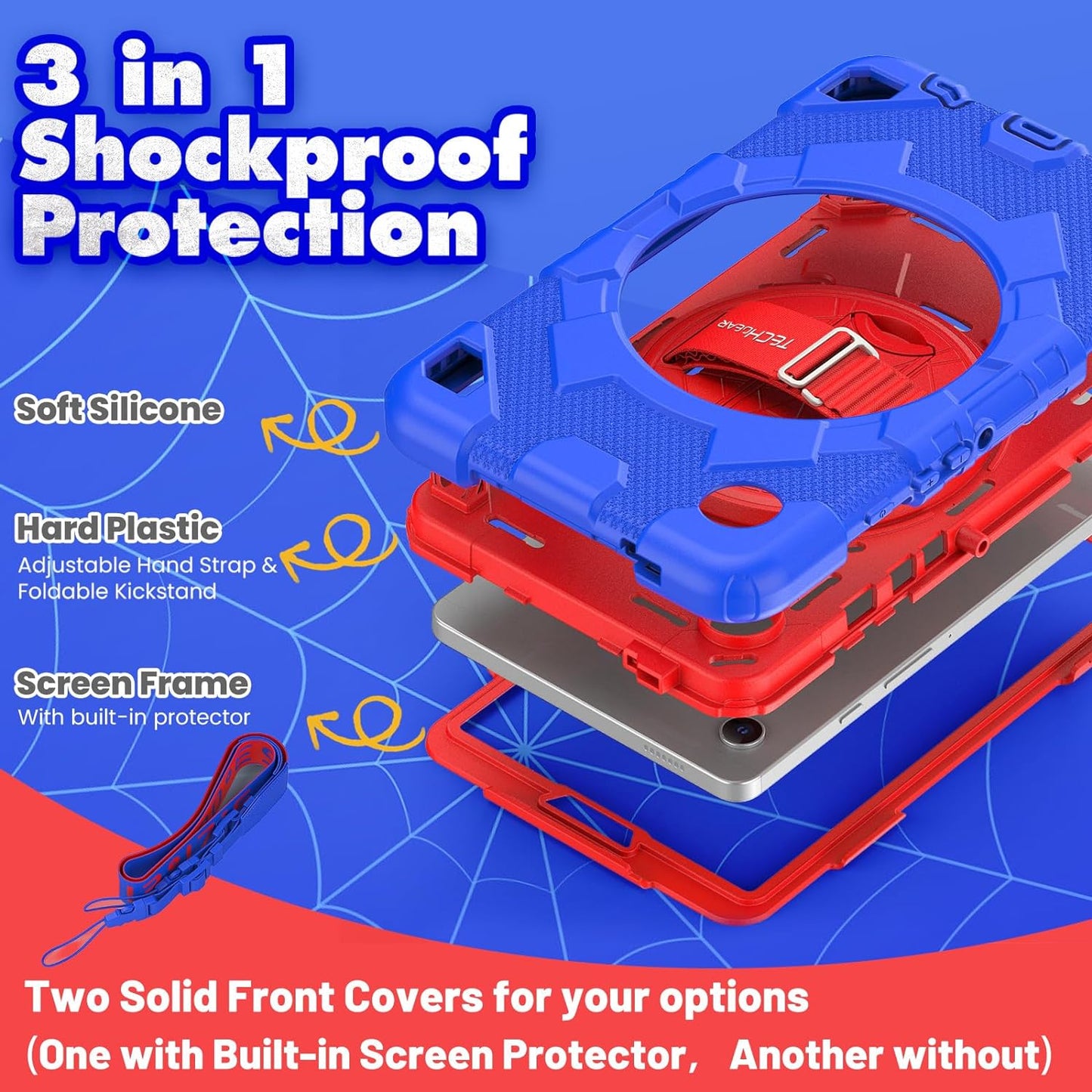 [SUPE Case] Tough Shockproof Fun Case with 360 Rotating Stand, Hand & Shoulder Strap for Samsung Galaxy Tab A9 8.7" (SM-X110 / SM-X115)