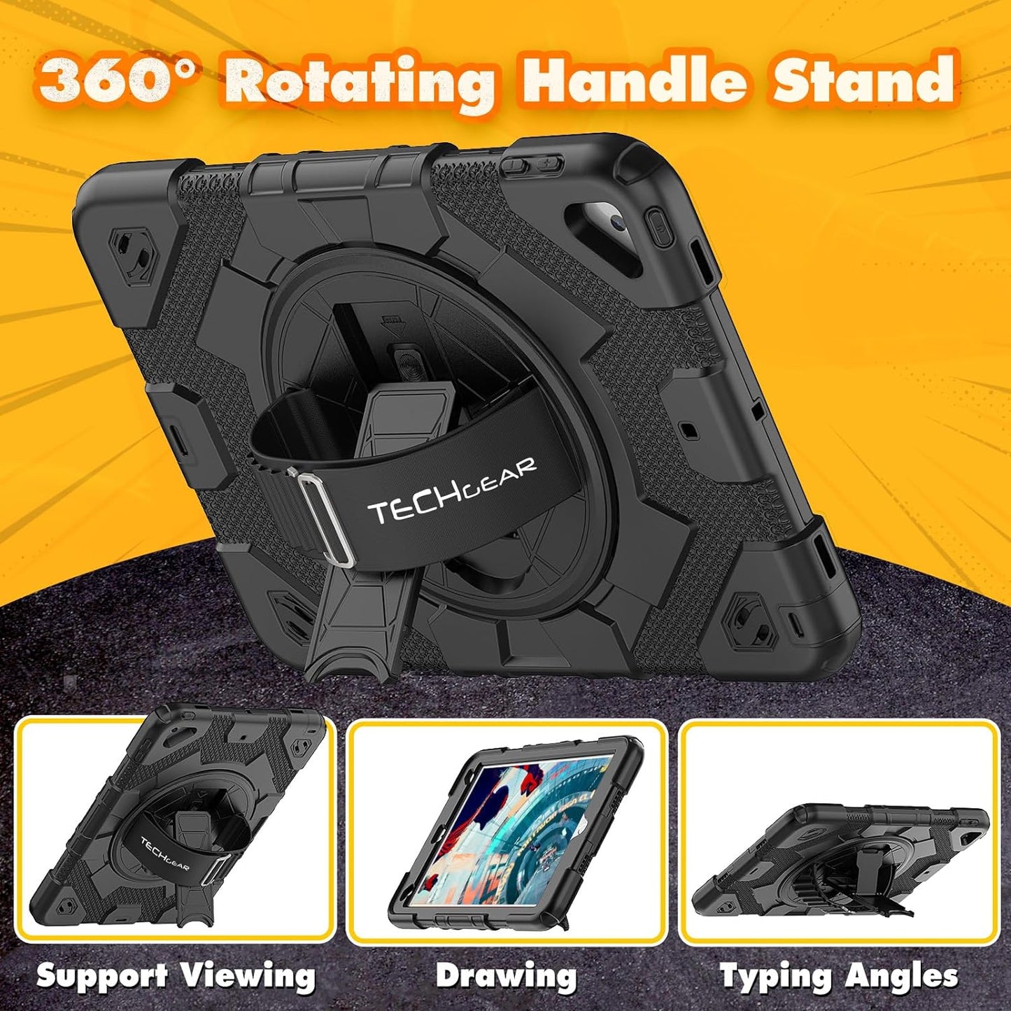 [SUPE Case] Tough Shockproof Fun Case with 360 Rotating Stand, Hand & Shoulder Strap for Apple iPad 10.2" 2021- 2019 [9th - 7th Gen] & iPad Air 3