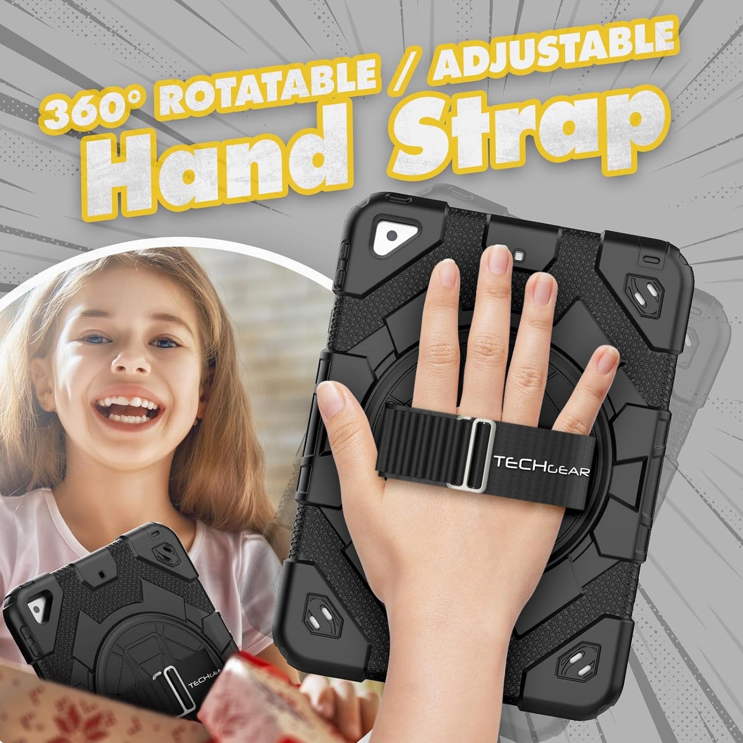 [SUPE Case] Tough Shockproof Fun Case with 360 Rotating Stand, Hand & Shoulder Strap for Apple iPad 10.2" 2021- 2019 [9th - 7th Gen] & iPad Air 3