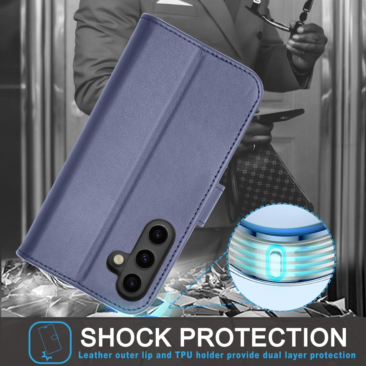 [Leather Wallet Case] Genuine Leather [RFID Blocking] Magnetic Flip Case with Card & Slots and Stand For Samsung Galaxy S24 5G