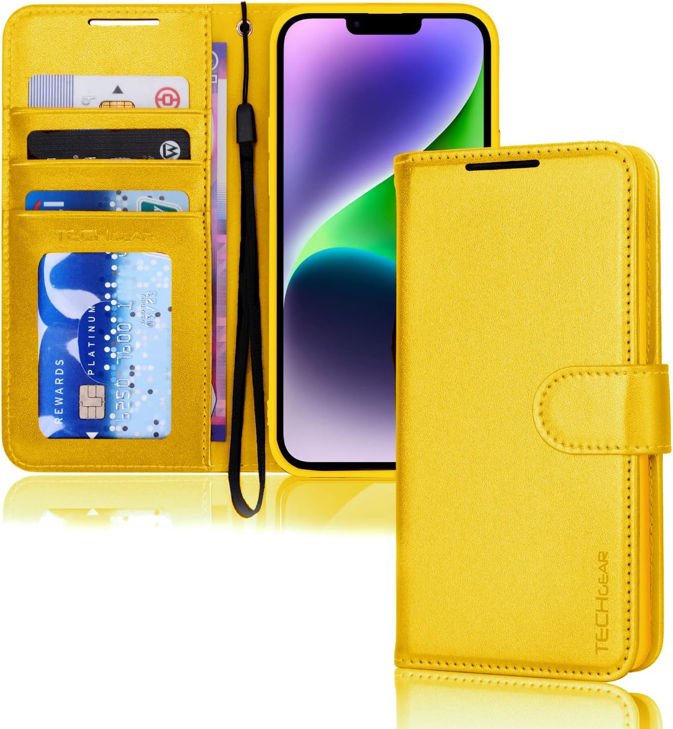 [Wallet Case] Protective Cover with Cash & Card Holder, Stand and Wrist Strap For Apple iPhone 15