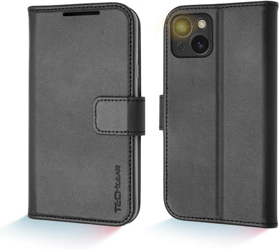 [Leather Wallet Case] Genuine Leather [RFID Blocking] Magnetic Flip Case with Card & Slots and Stand For iPhone 15 6.1"