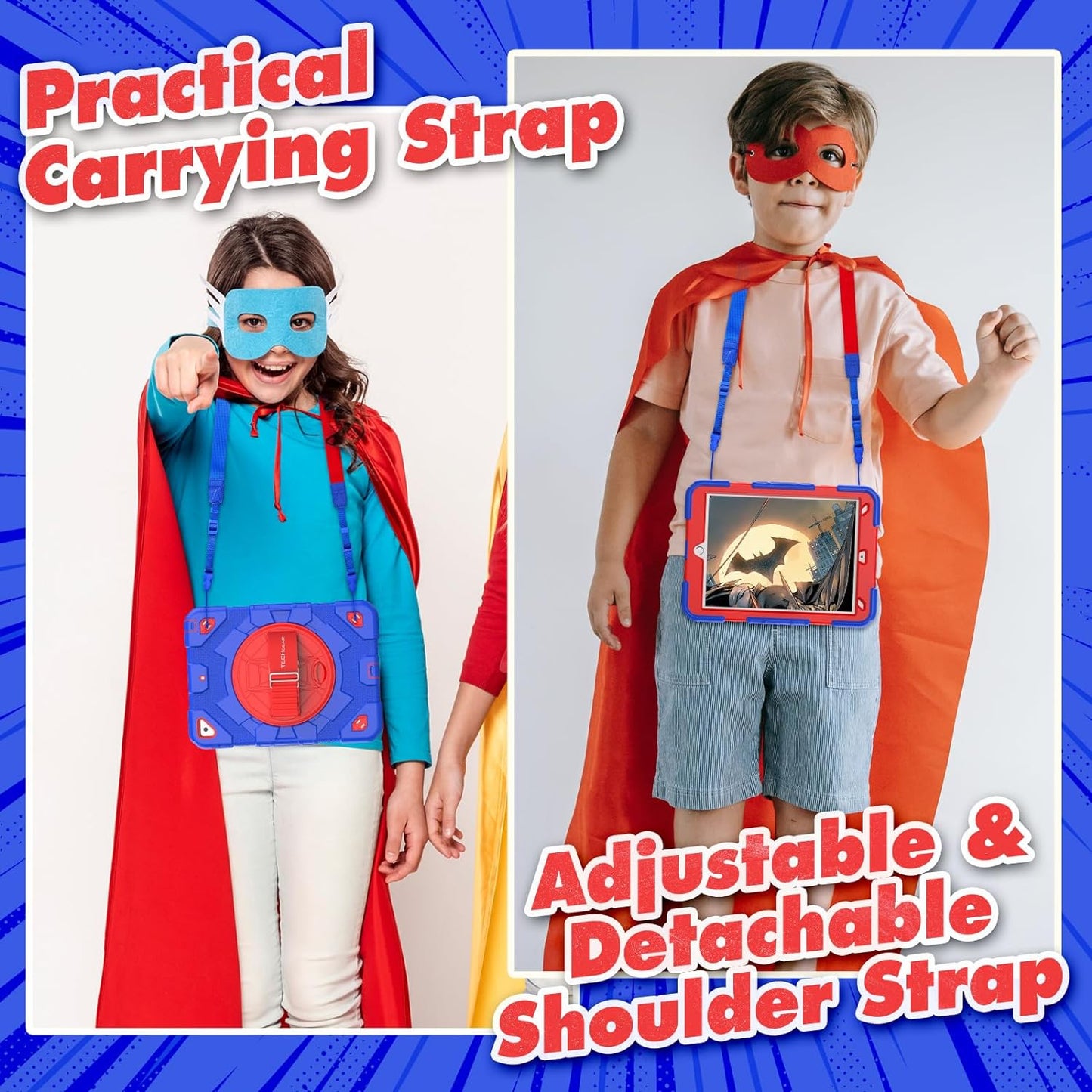 [SUPE Case] Tough Shockproof Fun Case with 360 Rotating Stand, Hand & Shoulder Strap for Apple iPad 10.2" 2021- 2019 [9th - 7th Gen] & iPad Air 3