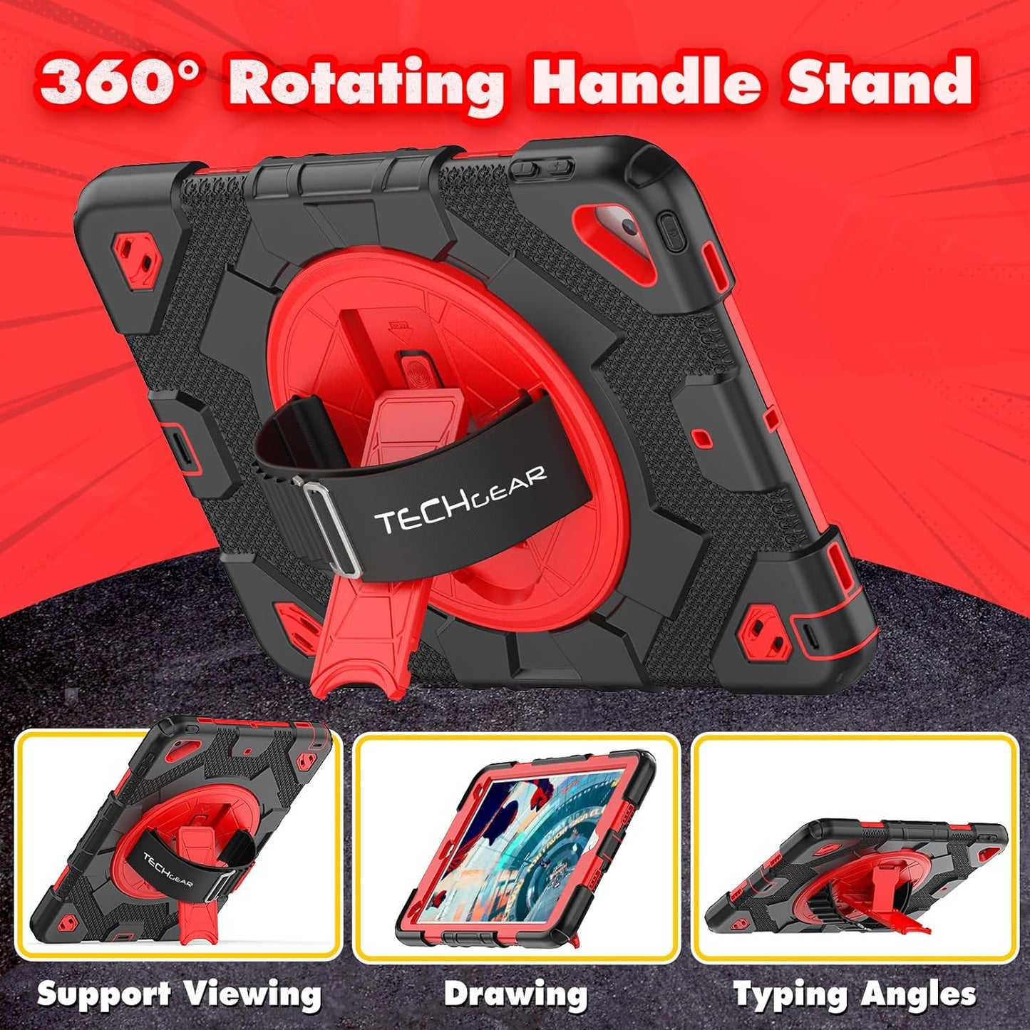 [SUPE Case] Tough Shockproof Fun Case with 360 Rotating Stand, Hand & Shoulder Strap for Apple iPad 10.2" 2021- 2019 [9th - 7th Gen] & iPad Air 3