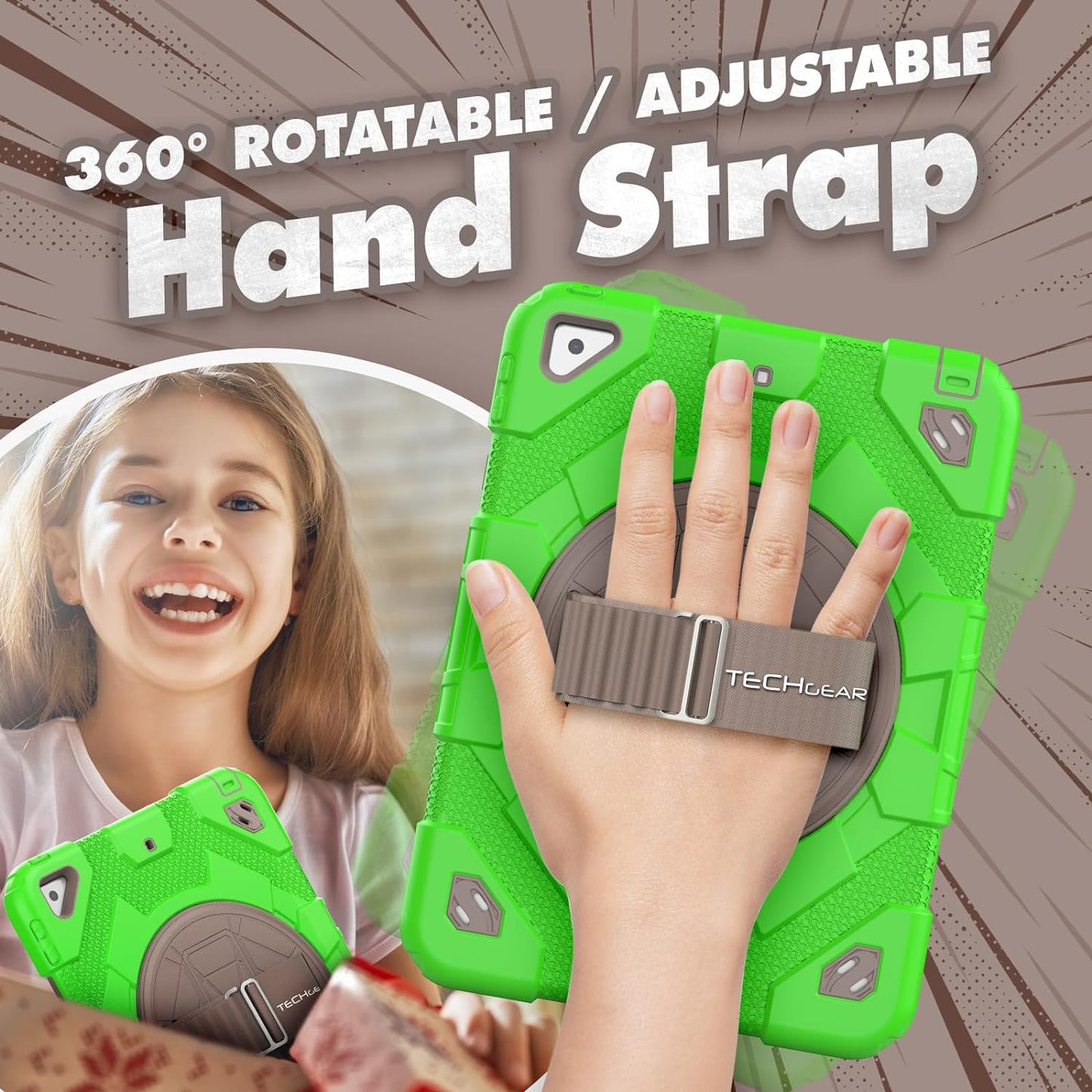 [SUPE Case] Tough Shockproof Fun Case with 360 Rotating Stand, Hand & Shoulder Strap for Apple iPad 10.2" 2021- 2019 [9th - 7th Gen] & iPad Air 3
