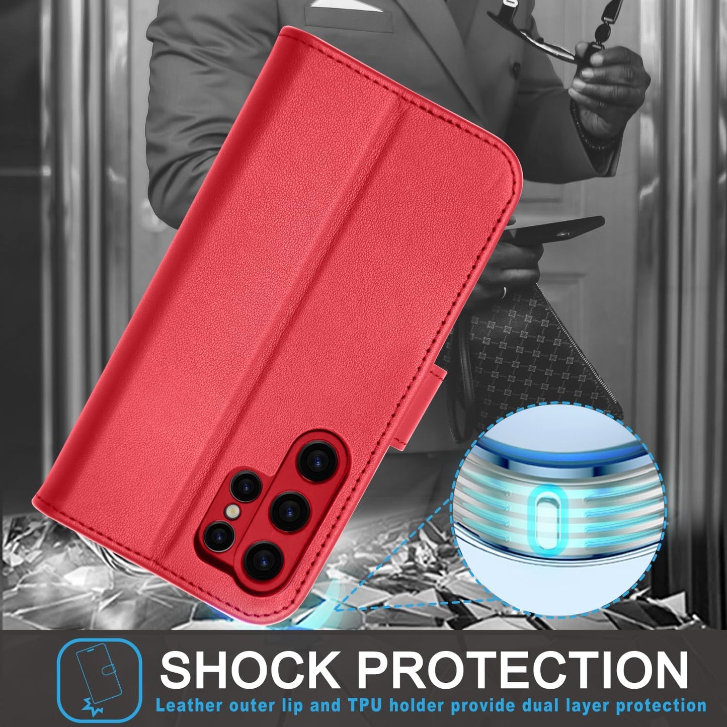 [Leather Wallet Case] Genuine Leather [RFID Blocking] Magnetic Flip Case with Card & Slots and Stand For Samsung Galaxy S24 Ultra