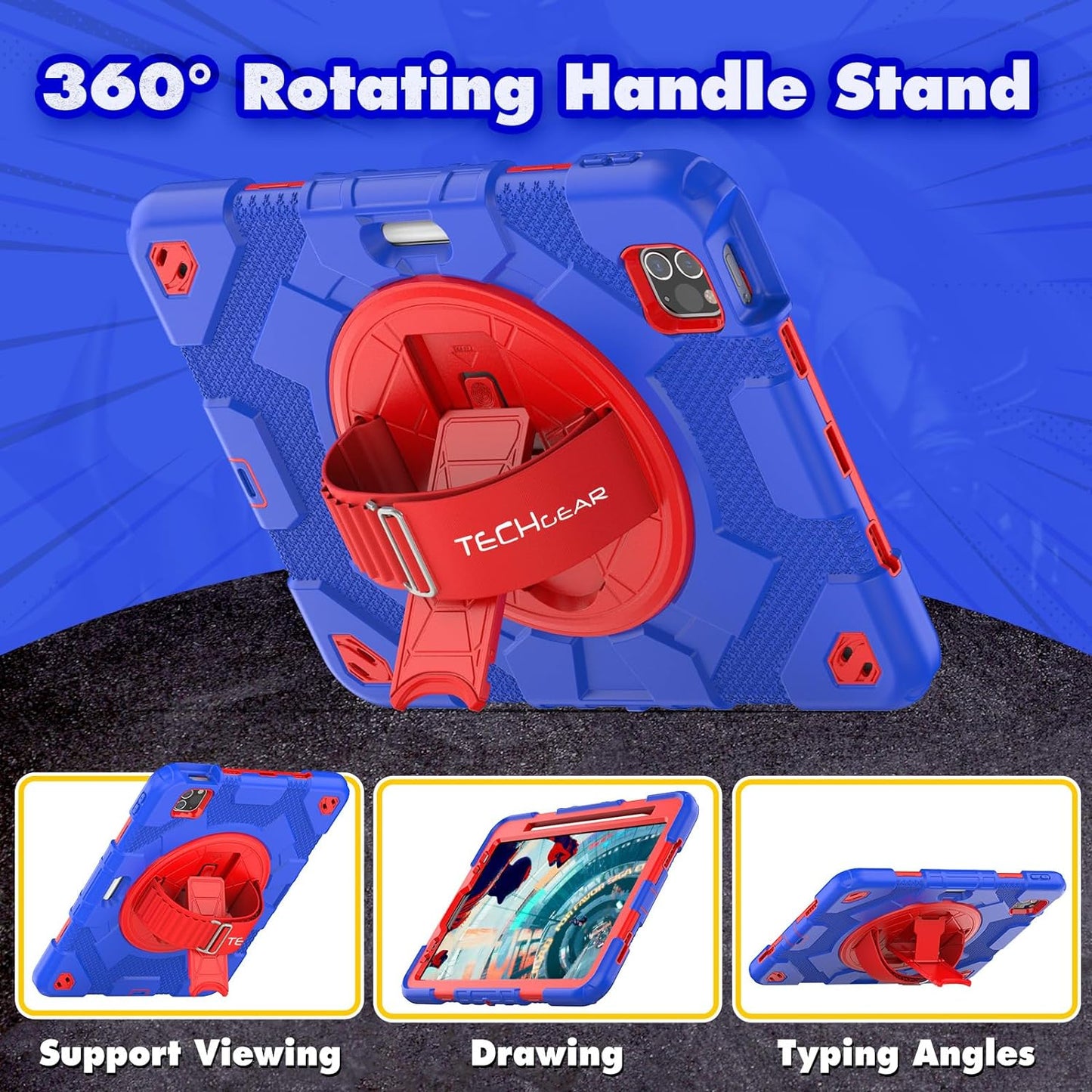 [SUPE Case] Tough Shockproof Fun Case with 360 Rotating Stand, Hand & Shoulder Strap for Apple iPad Air 10.9" 4th / 5th Gen & iPad Pro 11" 2022/2021