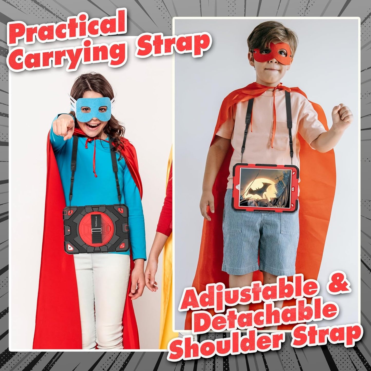 [SUPE Case] Tough Shockproof Fun Case with 360 Rotating Stand, Hand & Shoulder Strap for Apple iPad 10.2" 2021- 2019 [9th - 7th Gen] & iPad Air 3