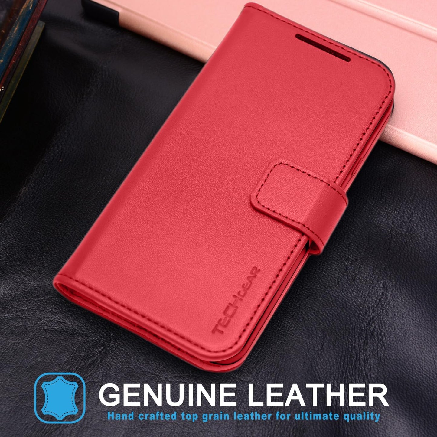 [Leather Wallet Case] Genuine Leather [RFID Blocking] Magnetic Flip Case with Card & Slots and Stand For iPhone 15 6.1"
