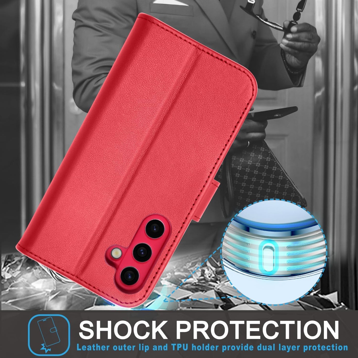 [Leather Wallet Case] Genuine Leather [RFID Blocking] Magnetic Flip Case with Card & Slots and Stand For Samsung Galaxy S24 5G