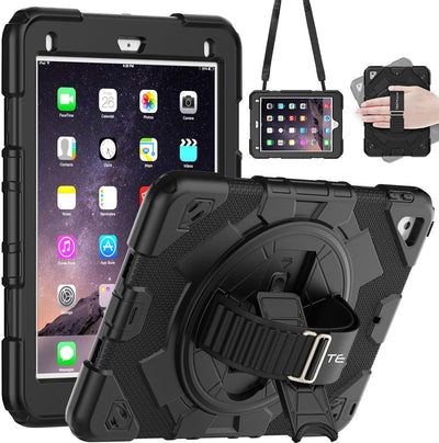 [SUPE Case] Tough Shockproof Fun Case with 360 Rotating Stand, Hand & Shoulder Strap for Apple iPad 9.7" (2018 / 2017) & iPad Air 2 & iPad Pro 9.7"