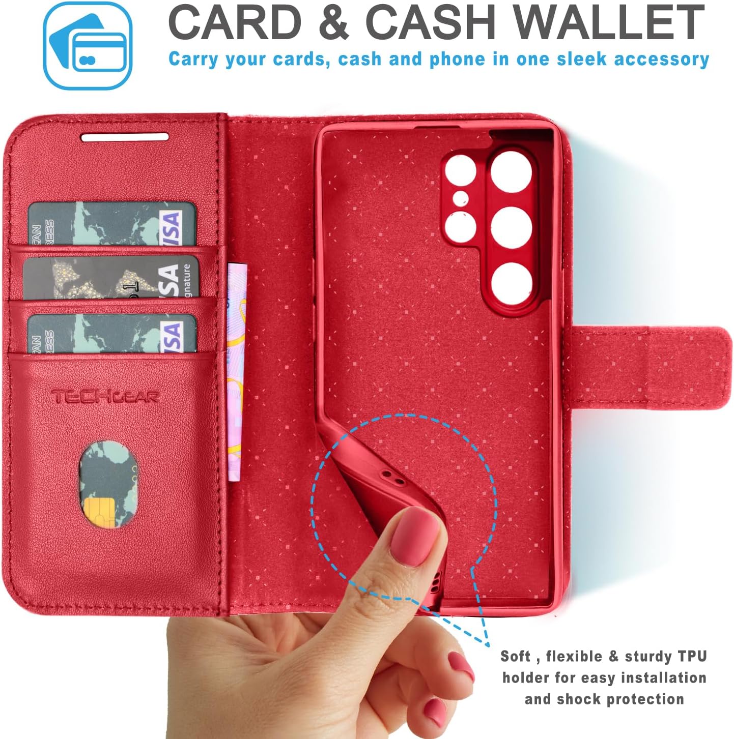 [Leather Wallet Case] Genuine Leather [RFID Blocking] Magnetic Flip Case with Card & Slots and Stand For Samsung Galaxy S24 Ultra