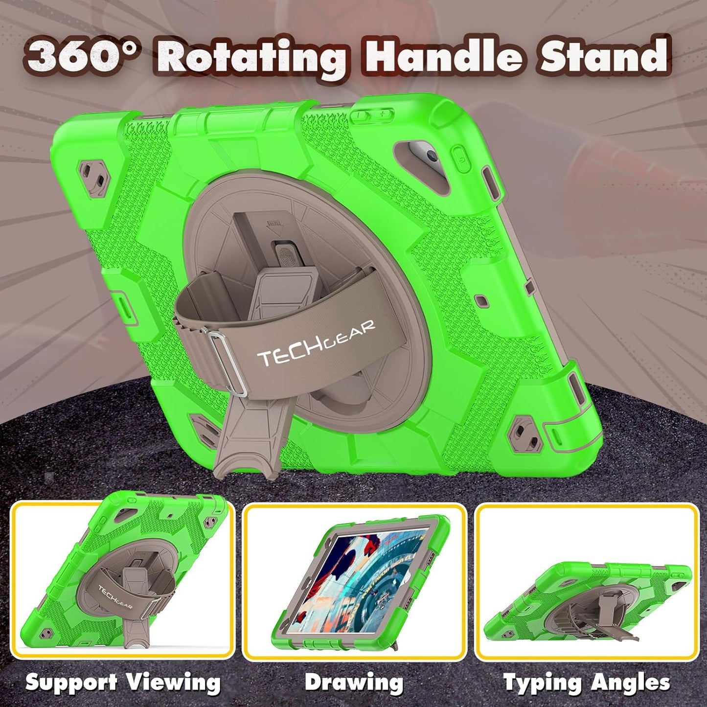 [SUPE Case] Tough Shockproof Fun Case with 360 Rotating Stand, Hand & Shoulder Strap for Apple iPad 10.2" 2021- 2019 [9th - 7th Gen] & iPad Air 3