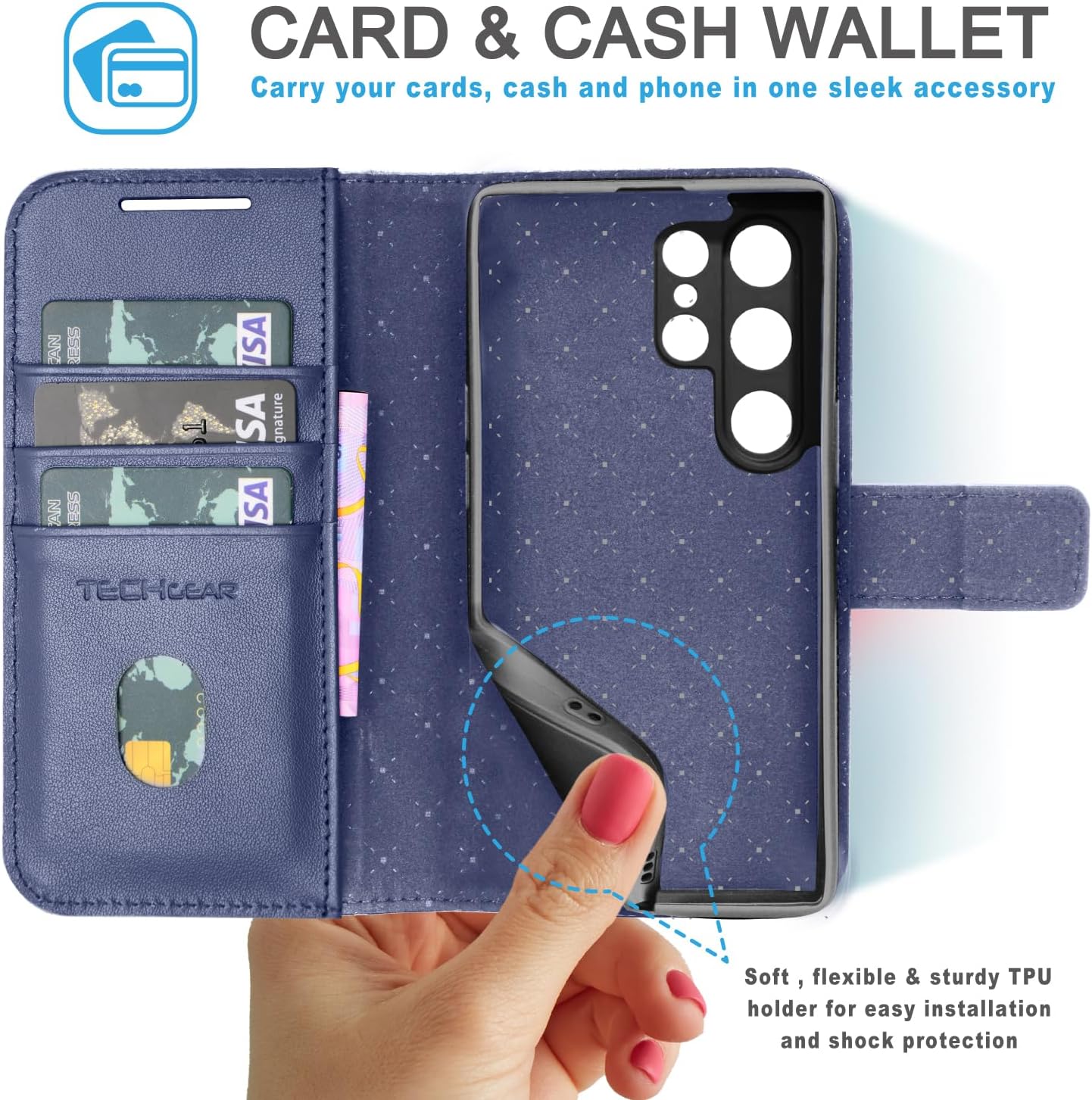 [Leather Wallet Case] Genuine Leather [RFID Blocking] Magnetic Flip Case with Card & Slots and Stand For Samsung Galaxy S24 Ultra