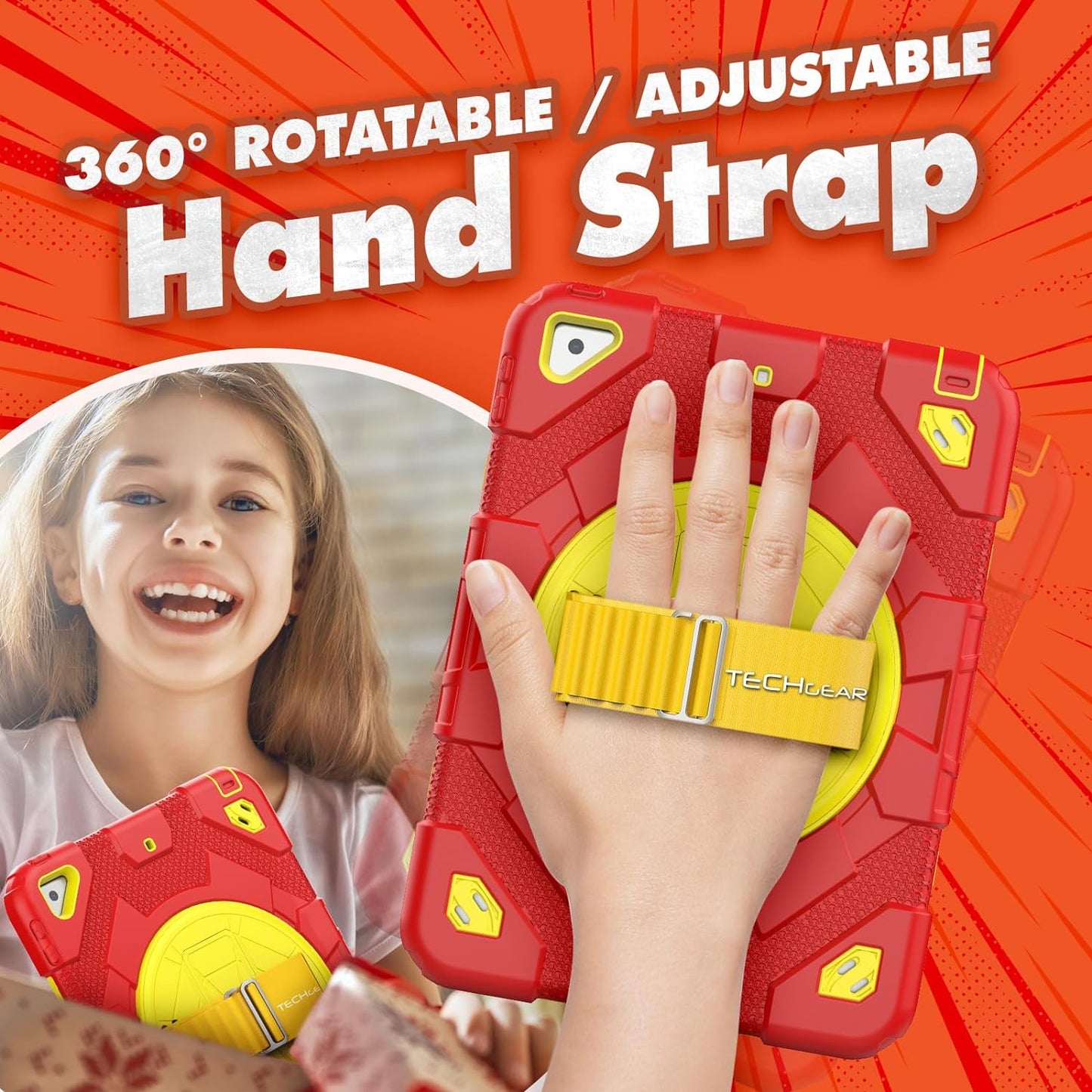 [SUPE Case] Tough Shockproof Fun Case with 360 Rotating Stand, Hand & Shoulder Strap for Apple iPad 10.2" 2021- 2019 [9th - 7th Gen] & iPad Air 3