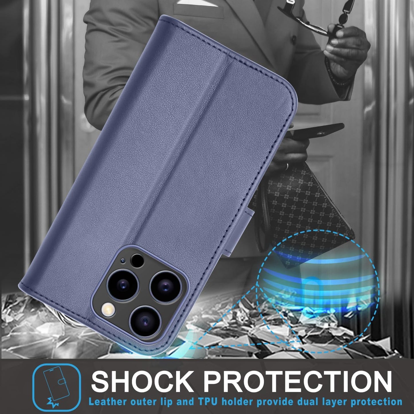 [Leather Wallet Case] Genuine Leather [RFID Blocking] Magnetic Flip Case with Card & Slots and Stand For iPhone 15 Pro