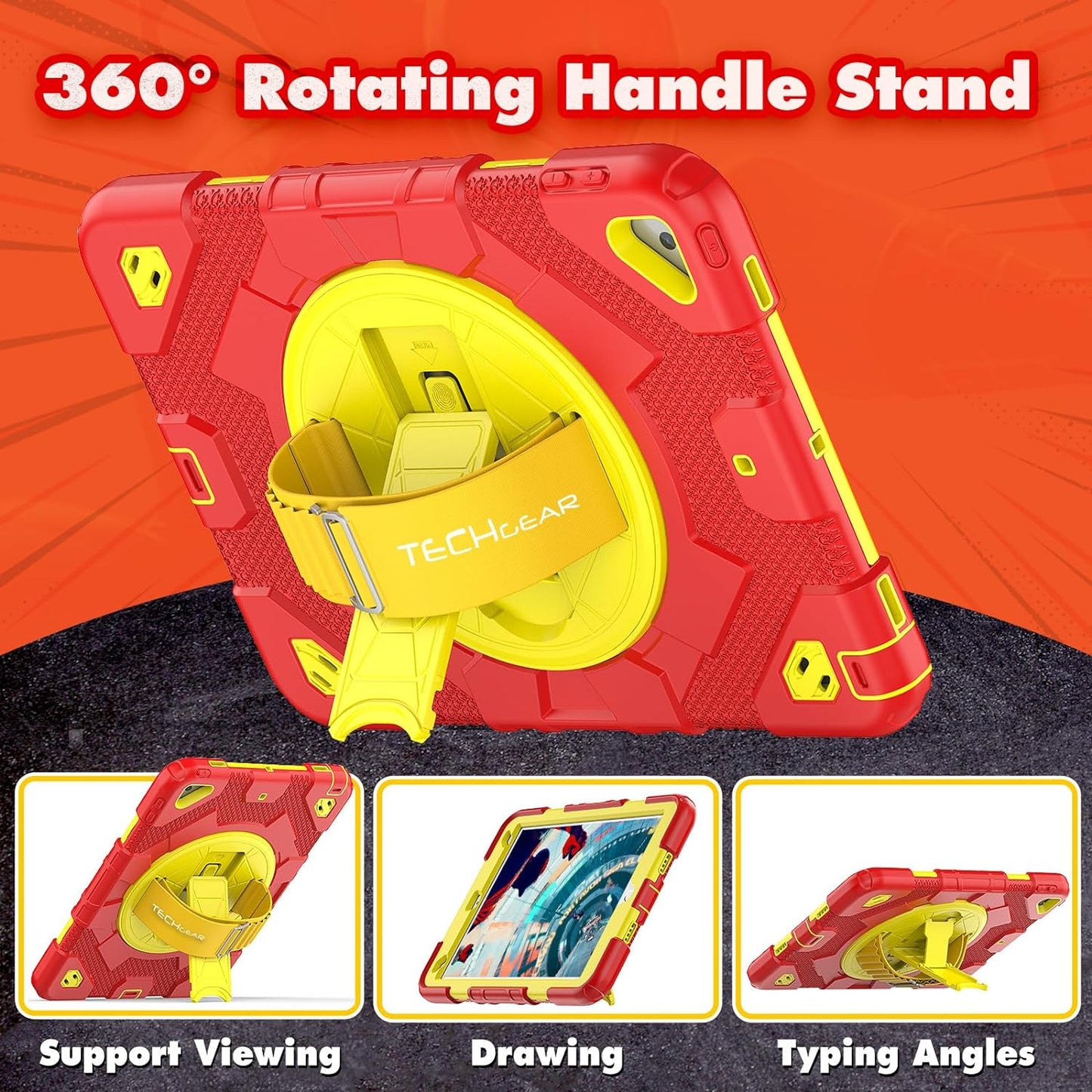 [SUPE Case] Tough Shockproof Fun Case with 360 Rotating Stand, Hand & Shoulder Strap for Apple iPad 10.2" 2021- 2019 [9th - 7th Gen] & iPad Air 3