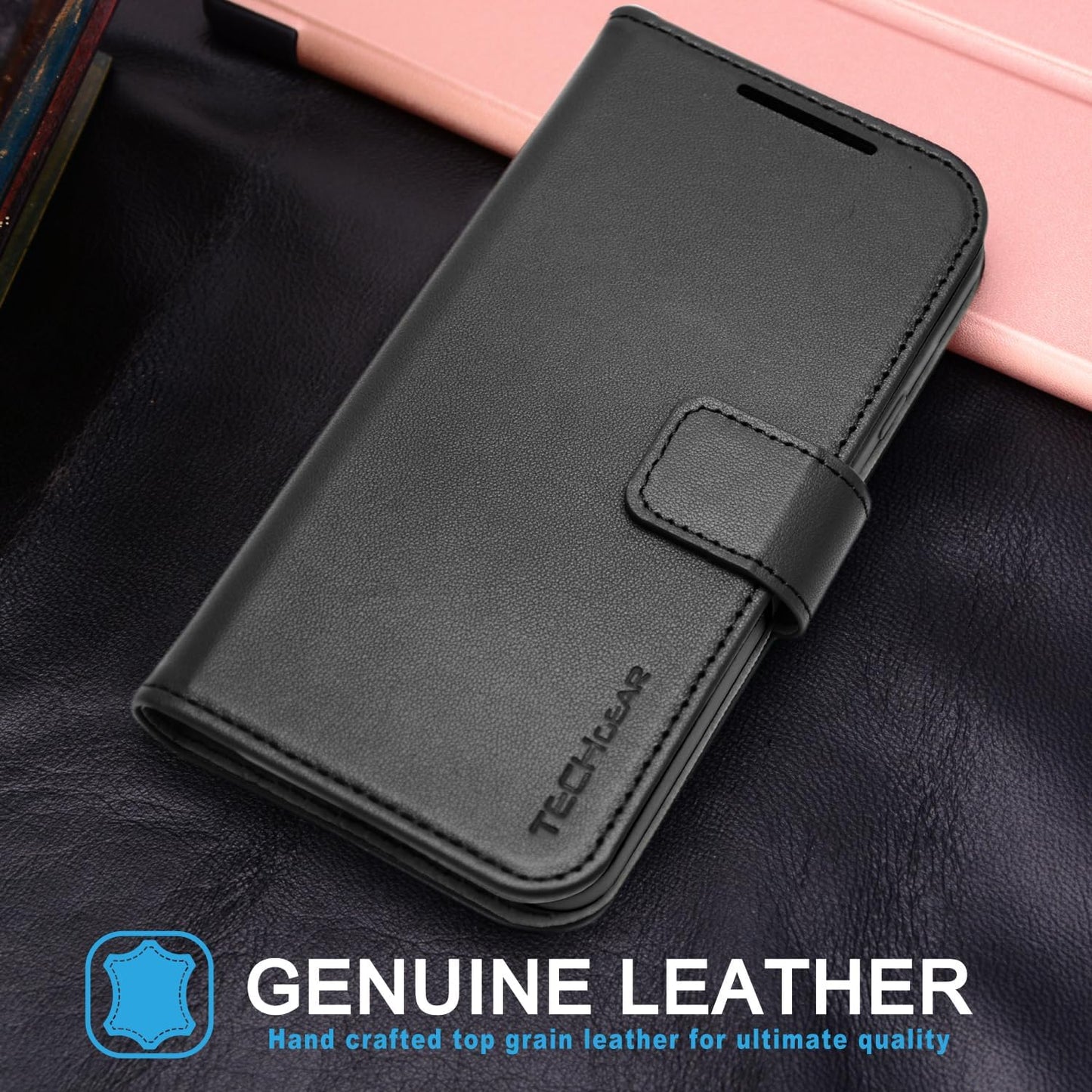 [Leather Wallet Case] Genuine Leather [RFID Blocking] Magnetic Flip Case with Card & Slots and Stand For iPhone 15 6.1"