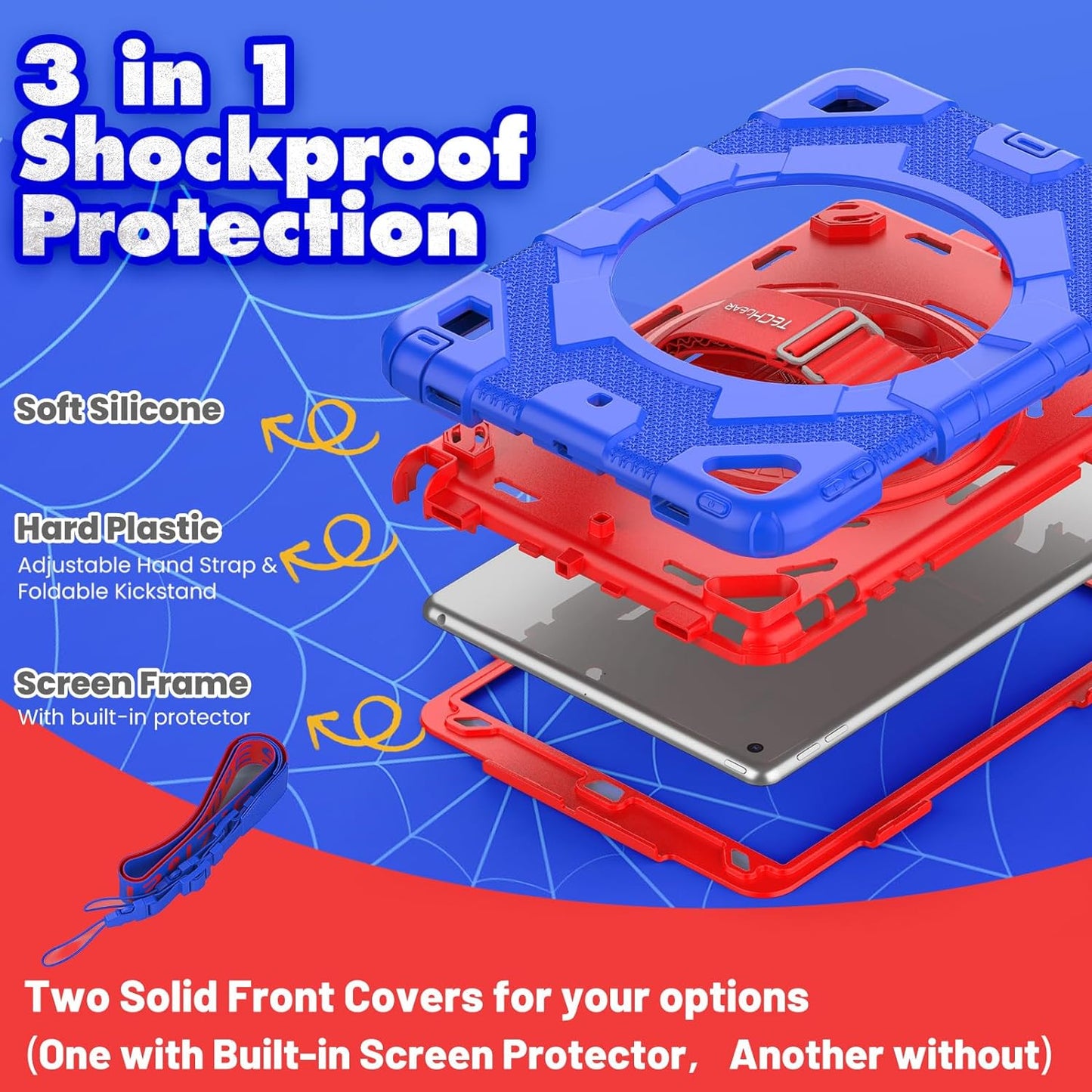 [SUPE Case] Tough Shockproof Fun Case with 360 Rotating Stand, Hand & Shoulder Strap for Apple iPad 10.2" 2021- 2019 [9th - 7th Gen] & iPad Air 3