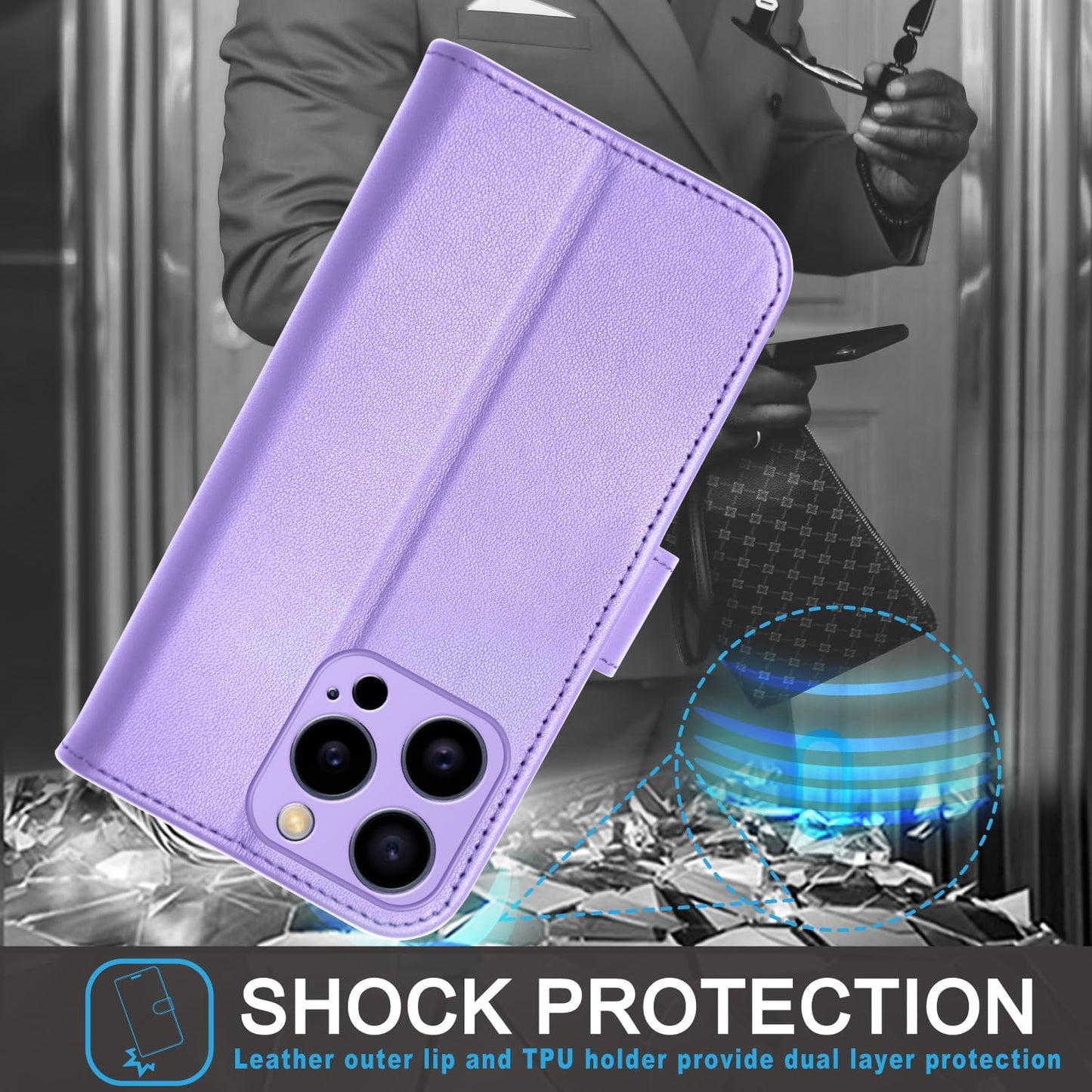 [Leather Wallet Case] Genuine Leather [RFID Blocking] Magnetic Flip Case with Card & Slots and Stand For iPhone 15 Pro