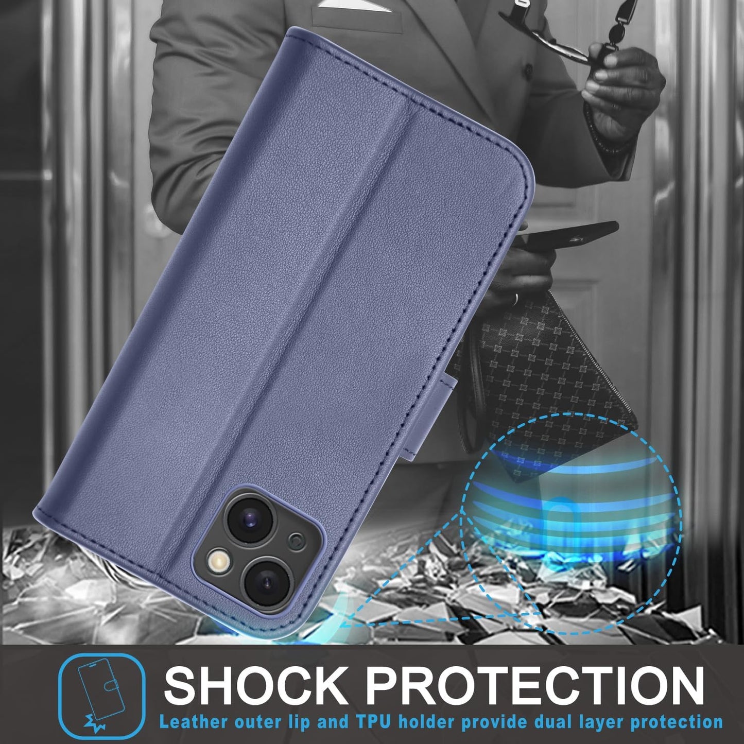 [Leather Wallet Case] Genuine Leather [RFID Blocking] Magnetic Flip Case with Card & Slots and Stand For iPhone 15 6.1"