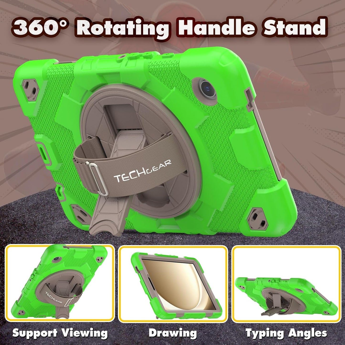 [SUPE Case] Tough Shockproof Fun Case with 360 Rotating Stand, Hand & Shoulder Strap for Samsung Galaxy Tab A9 8.7" (SM-X110 / SM-X115)