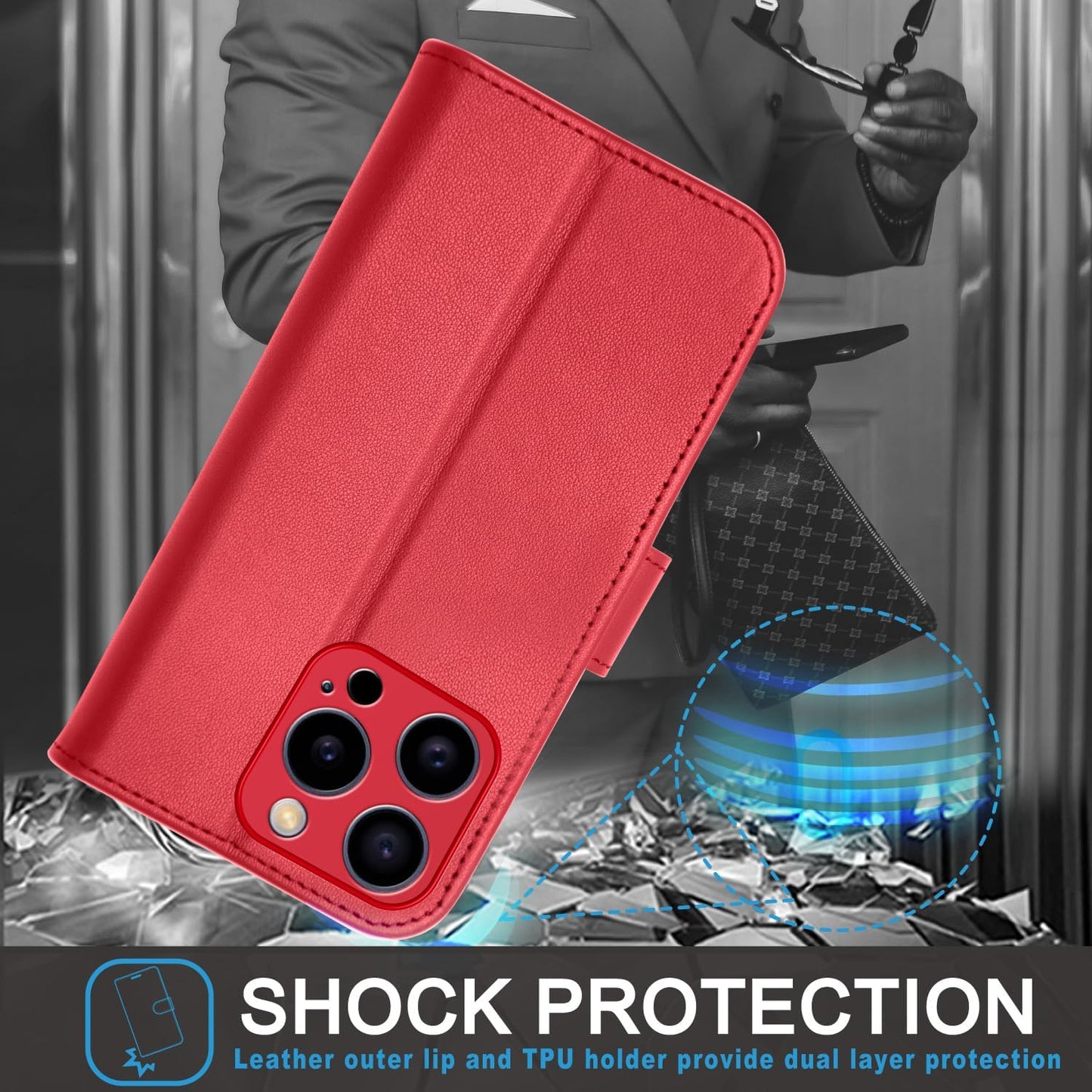 [Leather Wallet Case] Genuine Leather [RFID Blocking] Magnetic Flip Case with Card & Slots and Stand For iPhone 15 Pro
