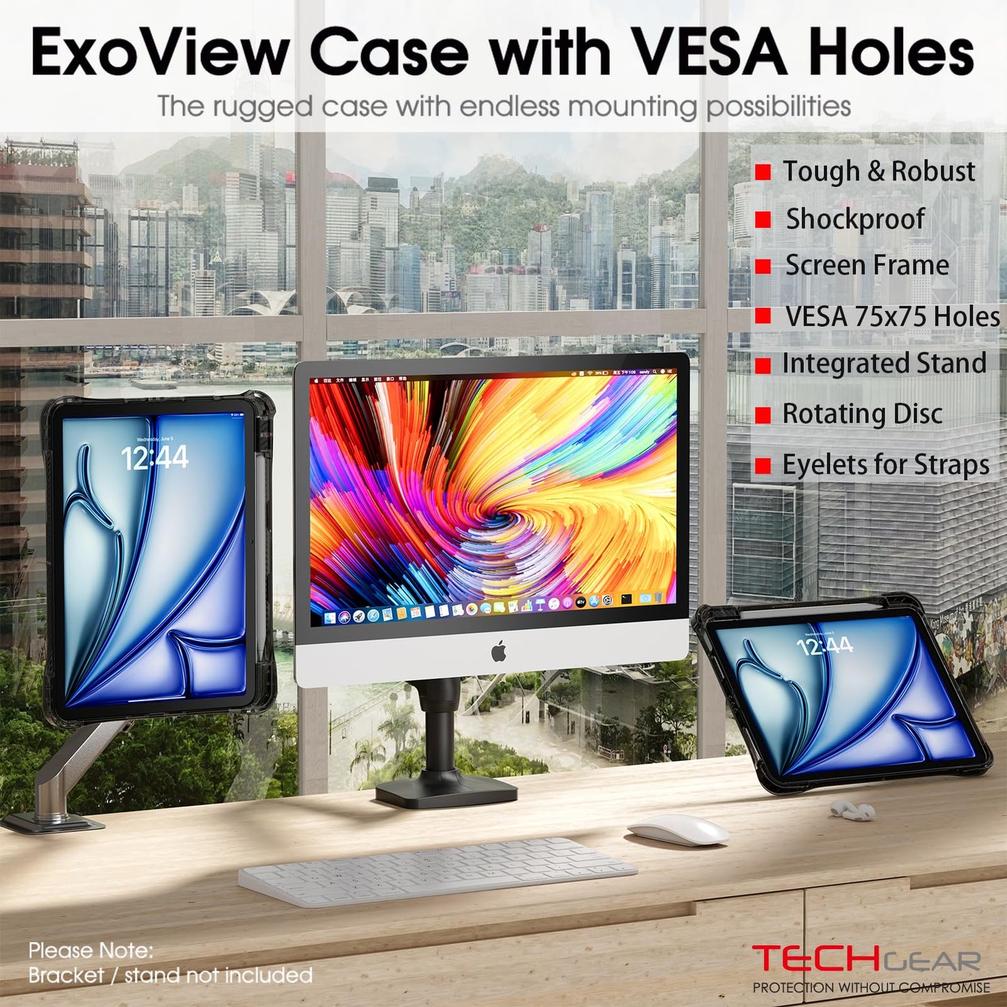 [ExoView Case] Shockproof Case with VESA 75x75mm holes, 360 Rotating Stand Mount for Apple iPad Air 11" 7th & 6th, Air 10.9" 4th & 5th, iPad Pro 11" (2018-2022)