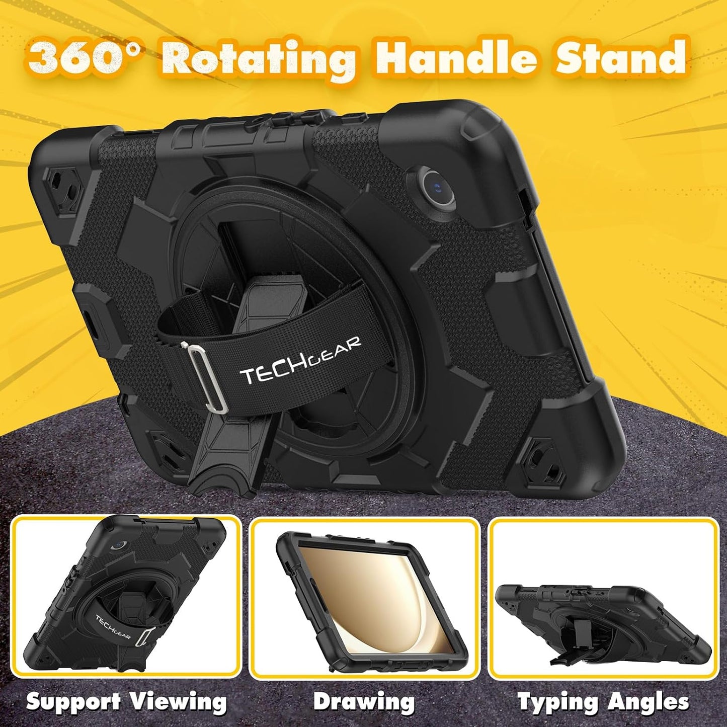 [SUPE Case] Tough Shockproof Fun Case with 360 Rotating Stand, Hand & Shoulder Strap for Samsung Galaxy Tab A9 8.7" (SM-X110 / SM-X115)