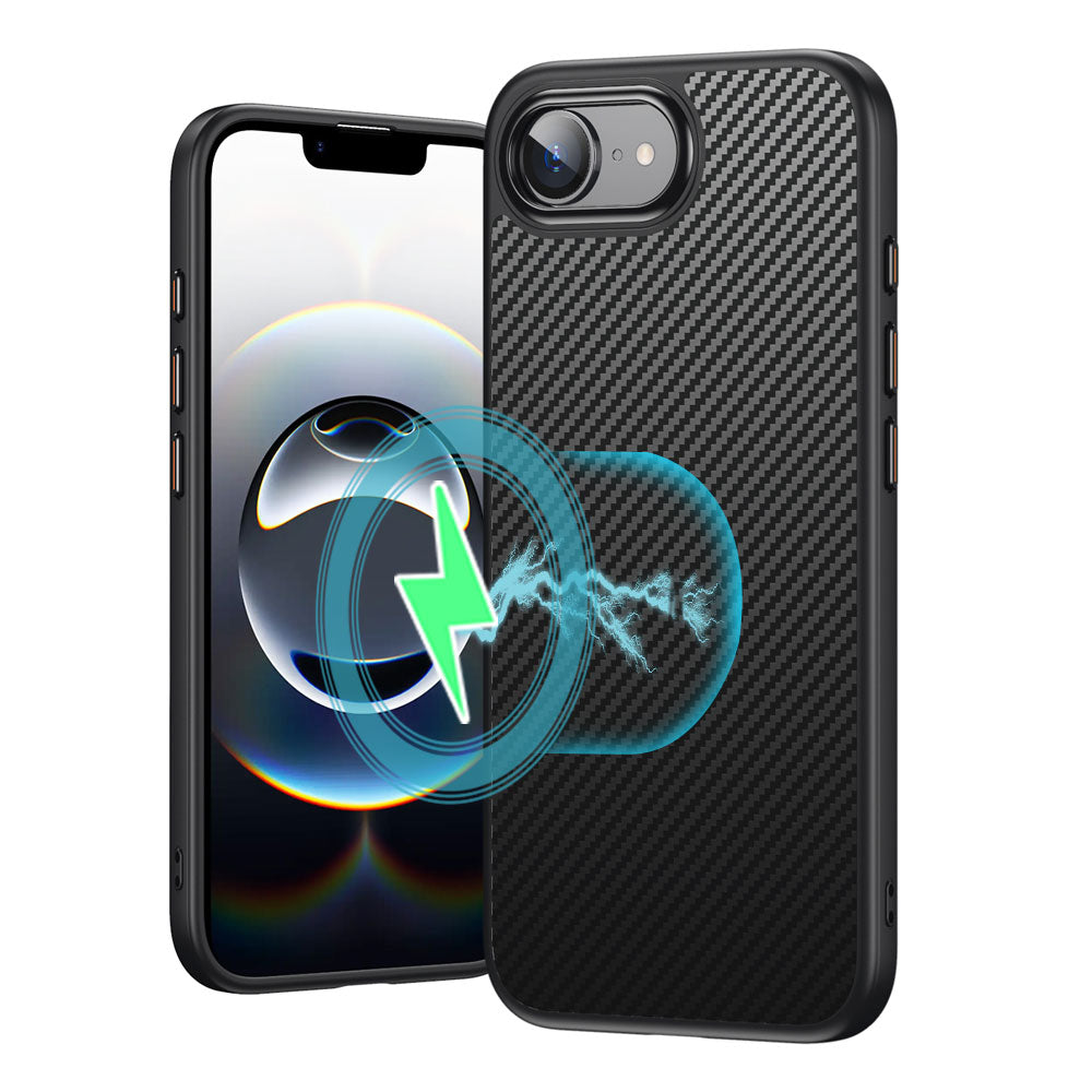 TECHGEAR Carbon Fibre Magnetic Case for iPhone 17e & 16e 6.1" – Slim Hybrid Shockproof Hard Back Cover with Metal Buttons & MagSafe Compatible