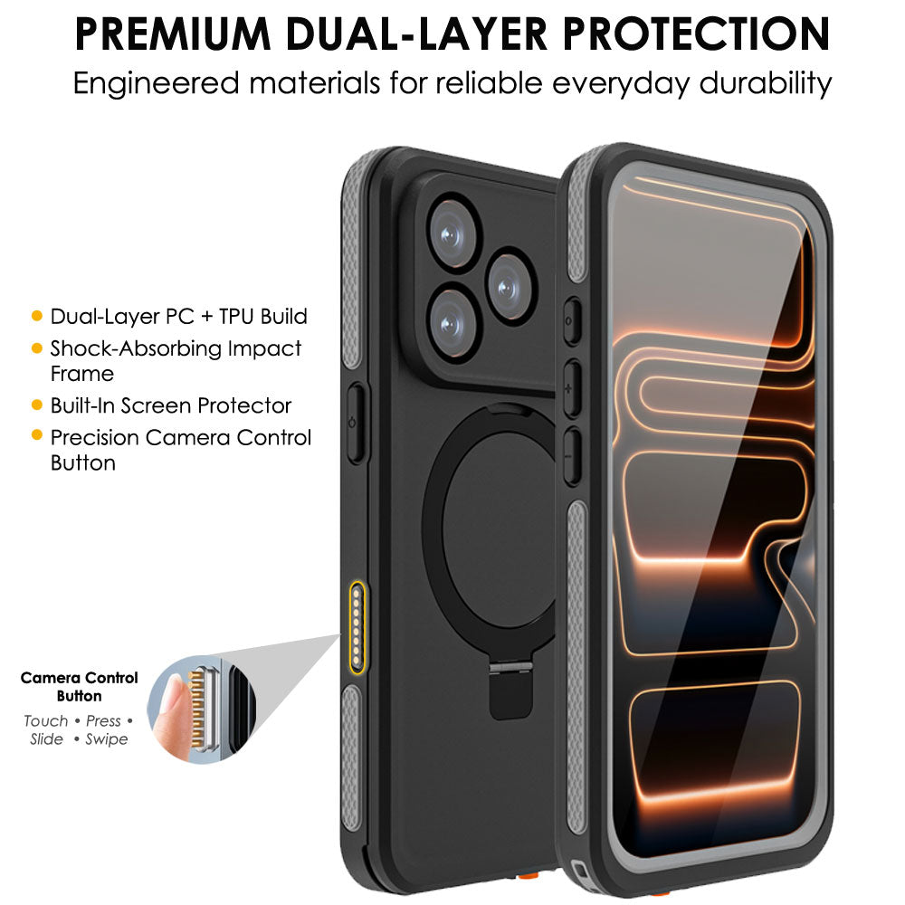 TECHGEAR Waterproof Magnetic Stand Case for iPhone 17 Pro Max 6.9" – IP68 Shockproof MagSafe Compatible Cover (Black / Orange)
