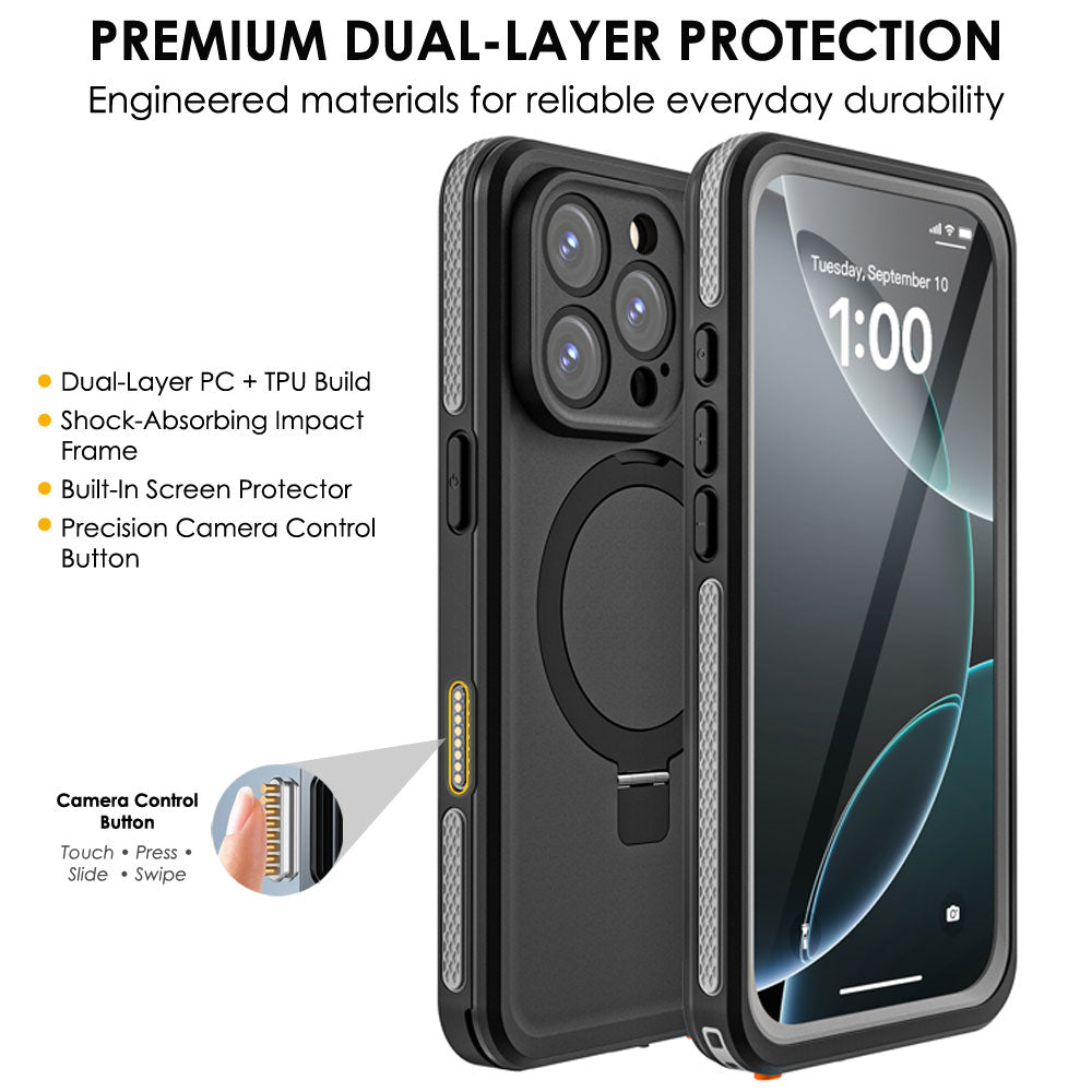TECHGEAR Waterproof Magnetic Stand Case for iPhone 16 Pro 6.3" – IP68 Shockproof MagSafe Compatible Cover
