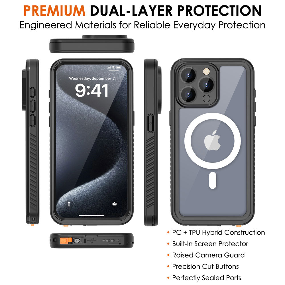 TECHGEAR Waterproof MagSafe Charging Case for iPhone 15 Pro 6.1" – IP68 Shockproof 360° Full Body Sealed Cover with Built-In Screen Protector