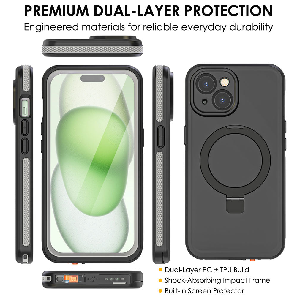 TECHGEAR Waterproof Magnetic Stand Case for iPhone 15 6.1" – IP68 Shockproof MagSafe Compatible Cover