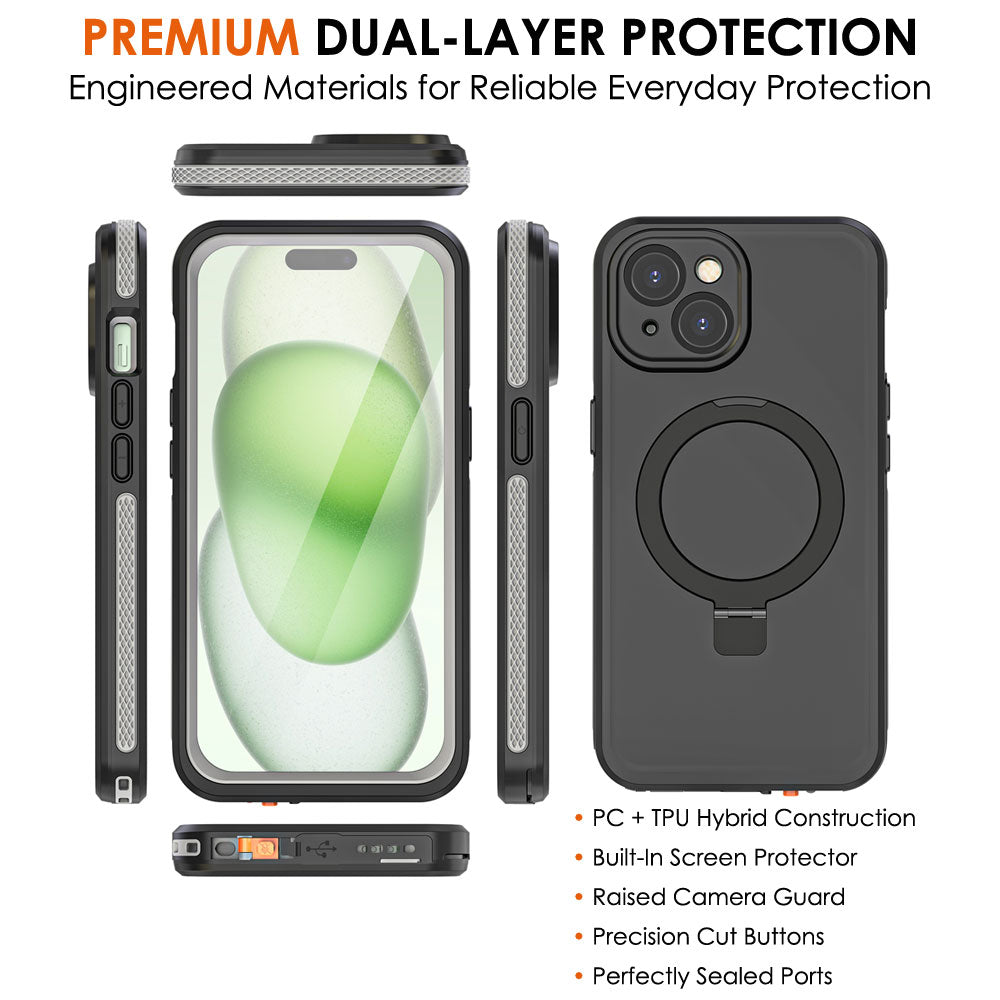 TECHGEAR Waterproof Magnetic Stand Case for iPhone 15 6.1" – IP68 Shockproof MagSafe Compatible Cover