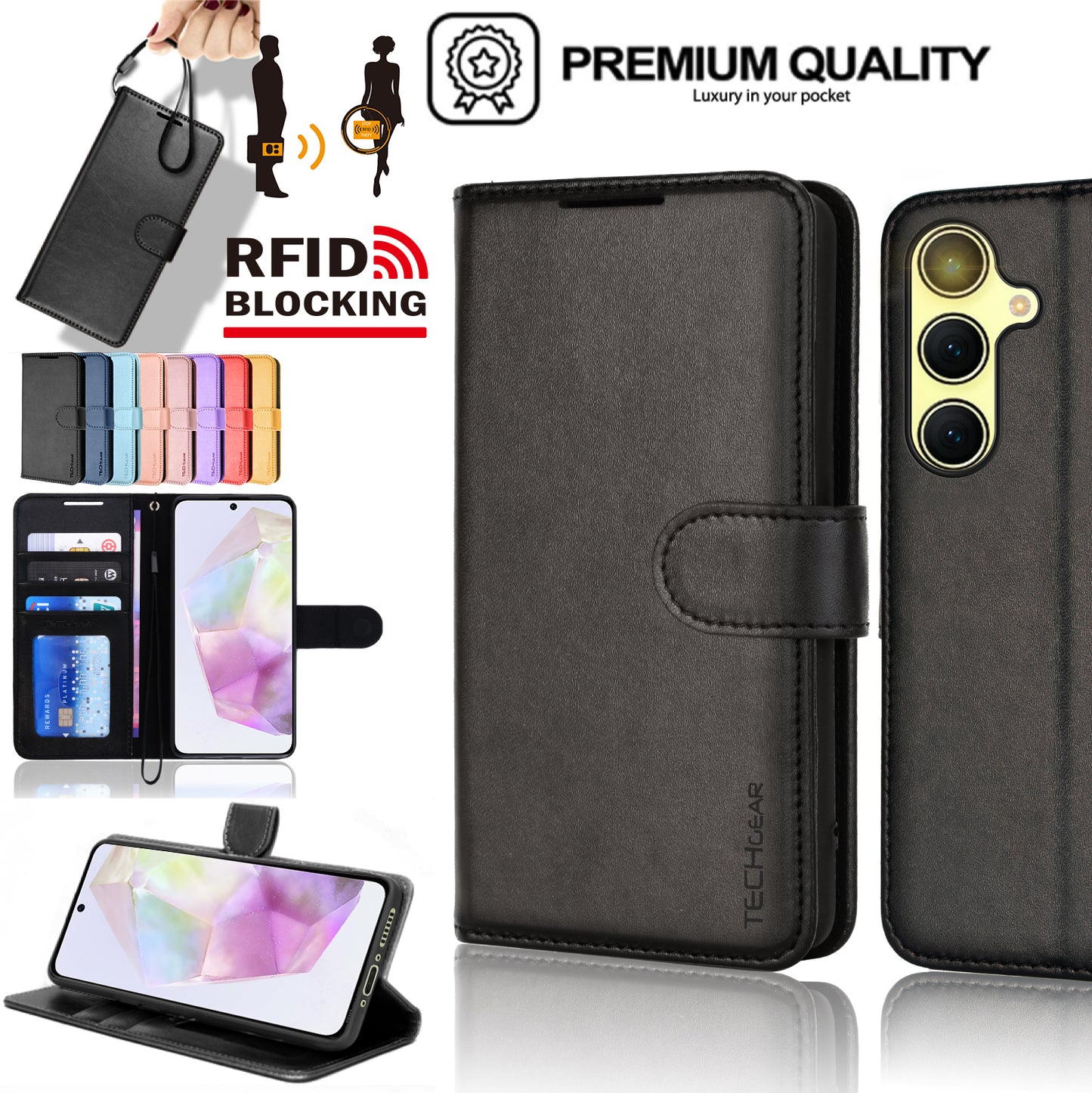 TECHGEAR RFID Wallet Case for Samsung Galaxy A37 5G / A37 4G – Premium PU Leather Flip Cover with Card Slots, Clear ID Window, Kickstand & Wrist Strap