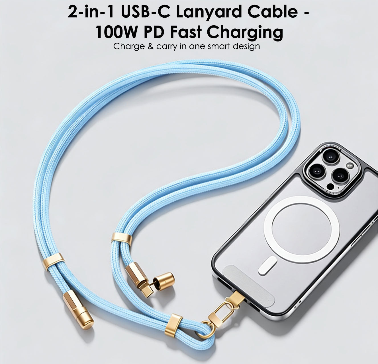 TECHGEAR USB-C to USB-C Lanyard Charging Cable 100W PD, Adjustable 45-80cm Wearable Crossbody Phone Neck Strap, Braided Fast Charge Cable