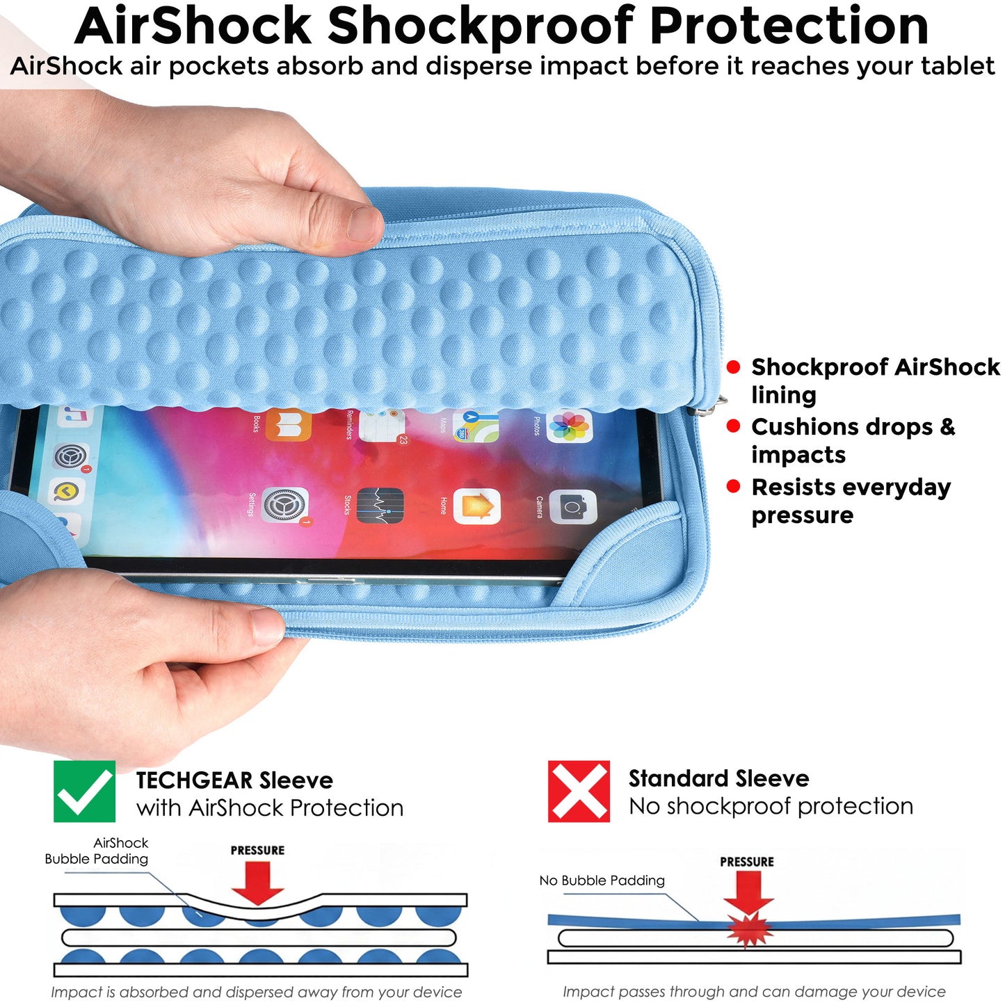 TECHGEAR AirShock Universal Tablet Sleeve | Shockproof Protective Sleeve Case for 7-13 Inch Tablets | Water-Resistant Oxford Fabric with Front Storage Pocket