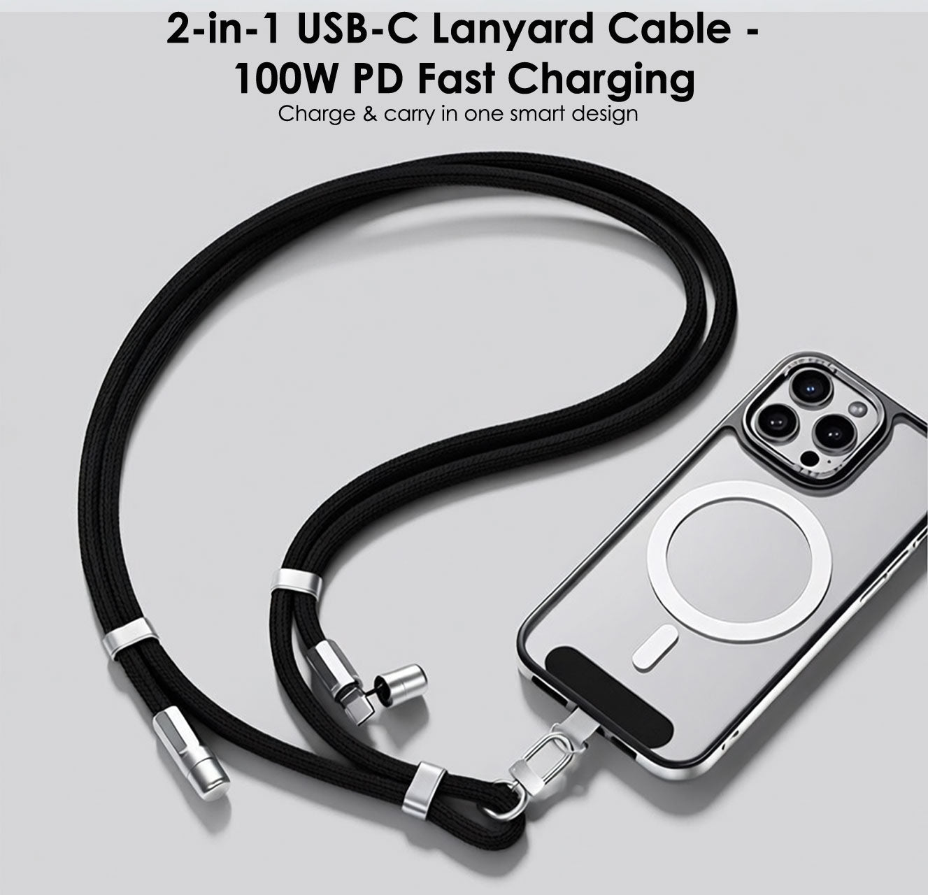 TECHGEAR USB-C to USB-C Lanyard Charging Cable 100W PD, Adjustable 45-80cm Wearable Crossbody Phone Neck Strap, Braided Fast Charge Cable