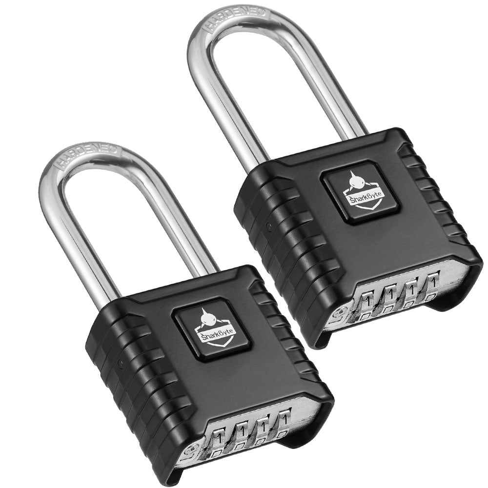 SharkByte Heavy Duty Long Shackle Combination Padlock 52mm – Weatherproof Outdoor Lock with 8mm Stainless Steel Shackle, Anti-Rust, Resettable Code, One-Button Locking for Gate, Warehouse, School, Shed, Storage, Garage (1 / 2 Pack)