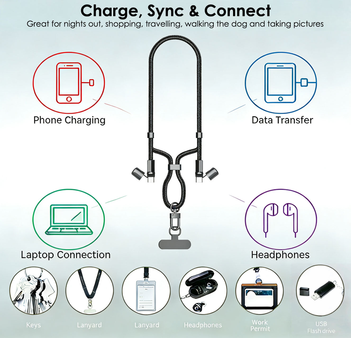 TECHGEAR USB-C to USB-C Lanyard Charging Cable 100W PD, Adjustable 45-80cm Wearable Crossbody Phone Neck Strap, Braided Fast Charge Cable