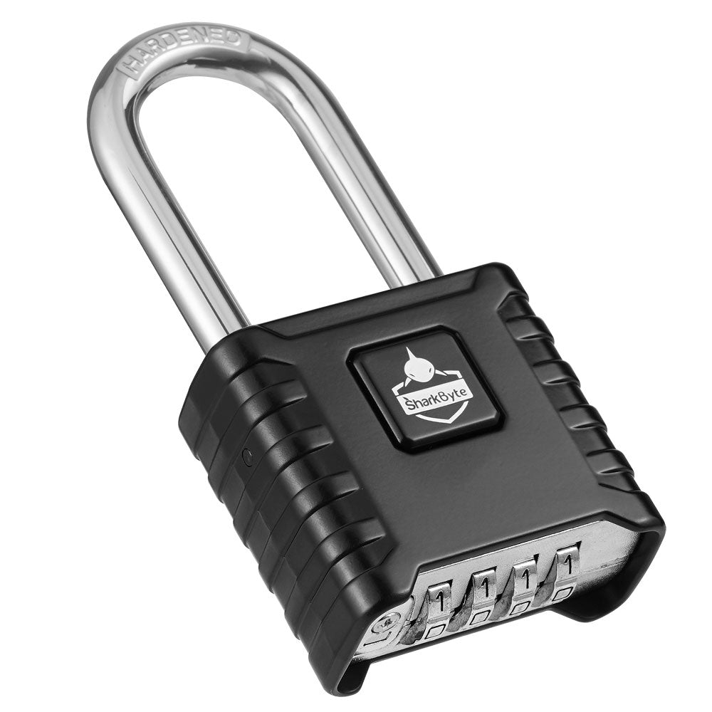 SharkByte Heavy Duty Long Shackle Combination Padlock 52mm – Weatherproof Outdoor Lock with 8mm Stainless Steel Shackle, Anti-Rust, Resettable Code, One-Button Locking for Gate, Warehouse, School, Shed, Storage, Garage (1 / 2 Pack)