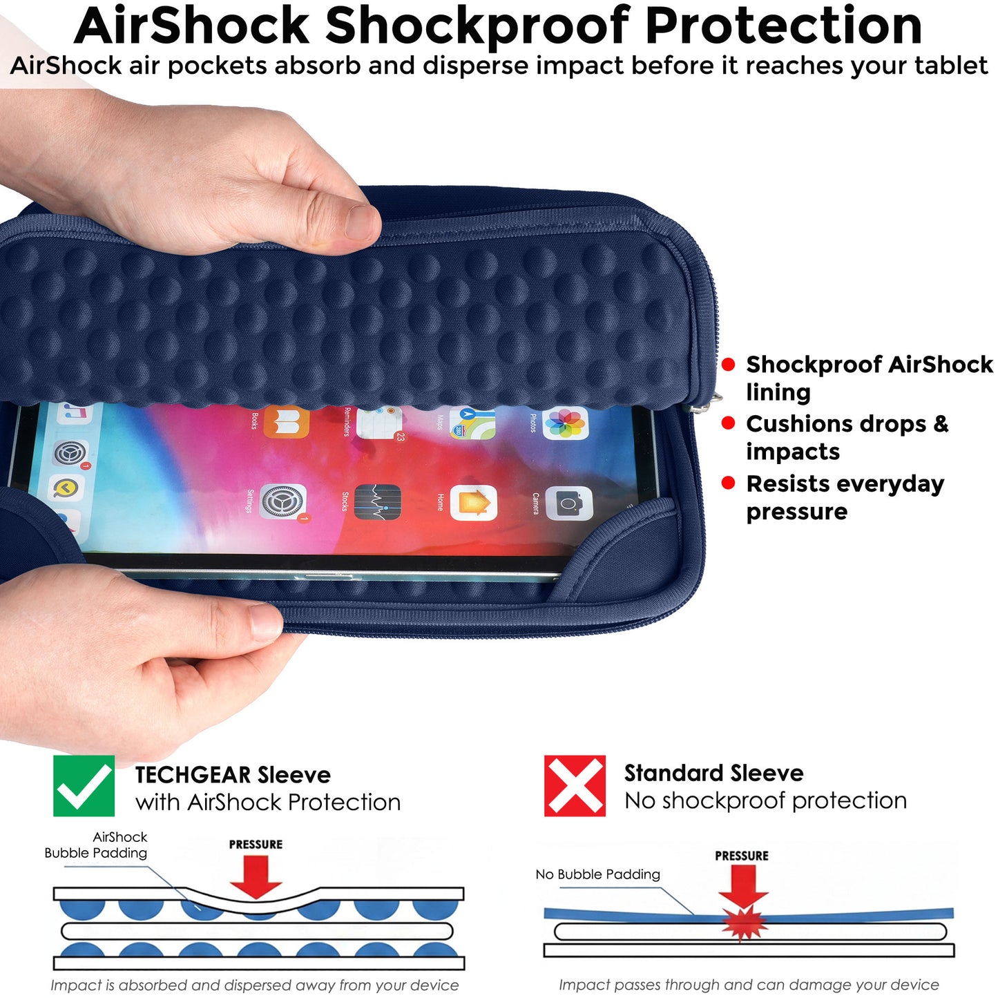 TECHGEAR AirShock Universal Tablet Sleeve | Shockproof Protective Sleeve Case for 7-13 Inch Tablets | Water-Resistant Oxford Fabric with Front Storage Pocket