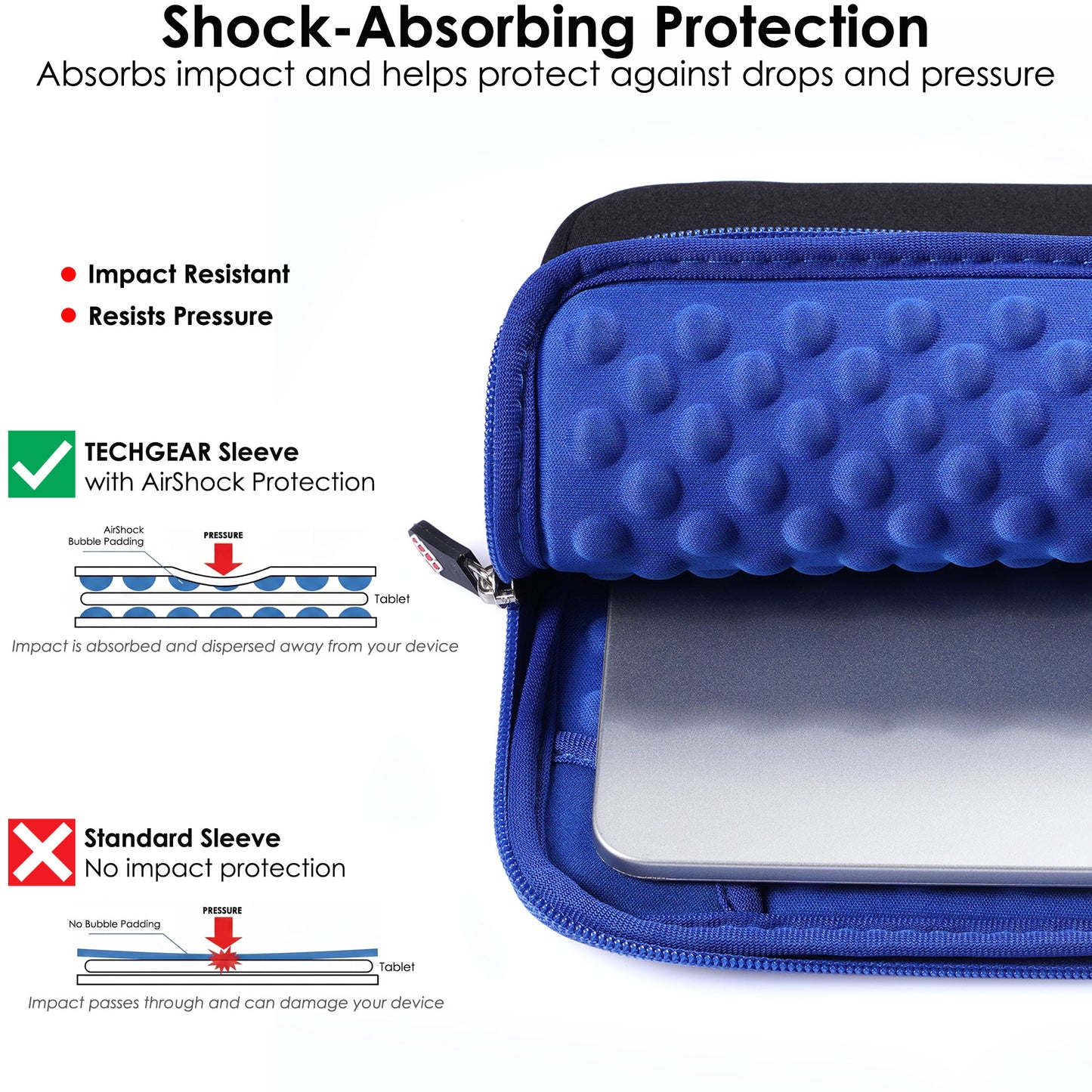 TECHGEAR Tablet Sleeve Case 7–13 Inch - Shockproof Neoprene Pouch with Bubble Protection, Zip Pocket, Slim Protective iPad Samsung Tablet Laptop Sleeve